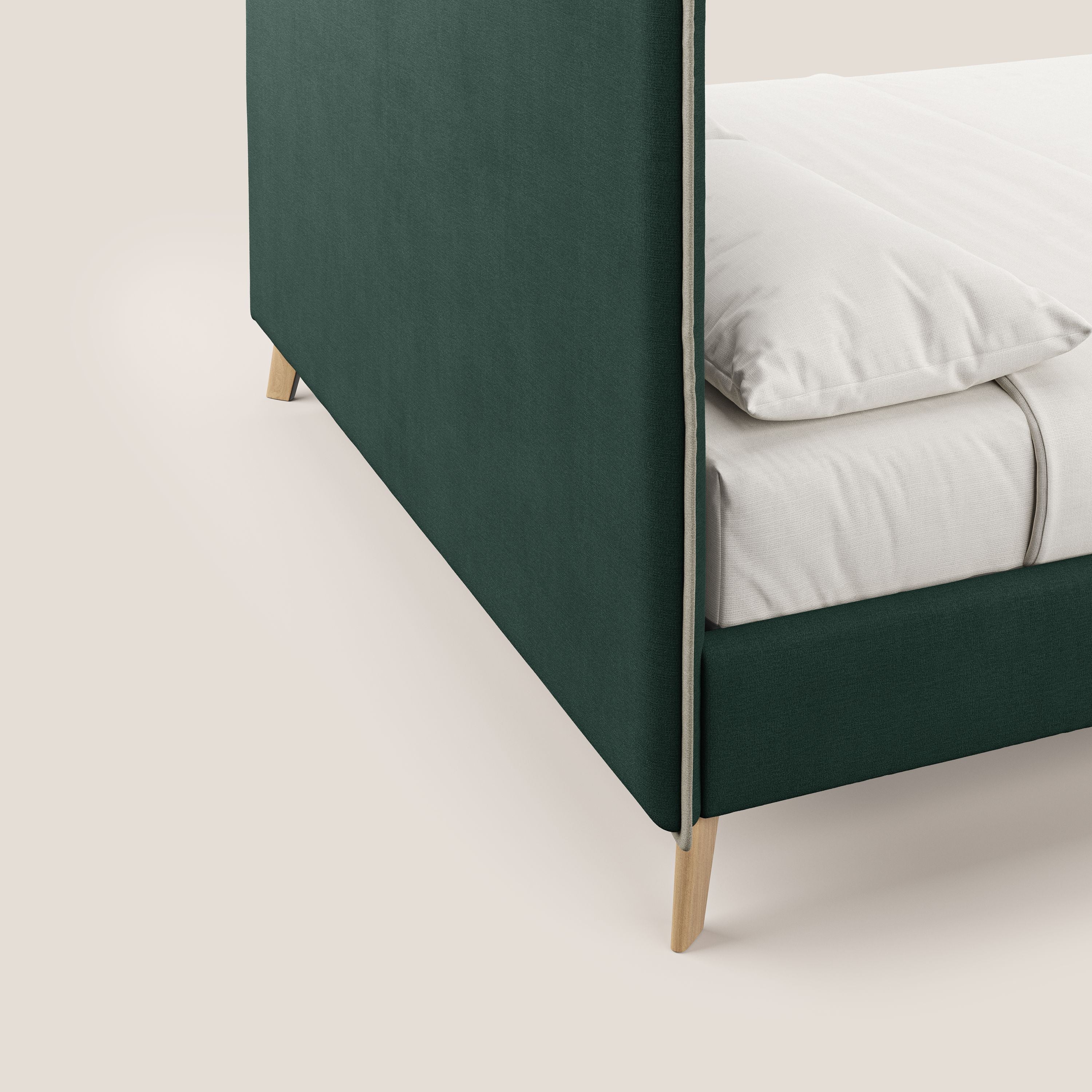 Leila letto imbottito con piedini legno in tessuto smacchiabile T17 verde - tortora - divani.store