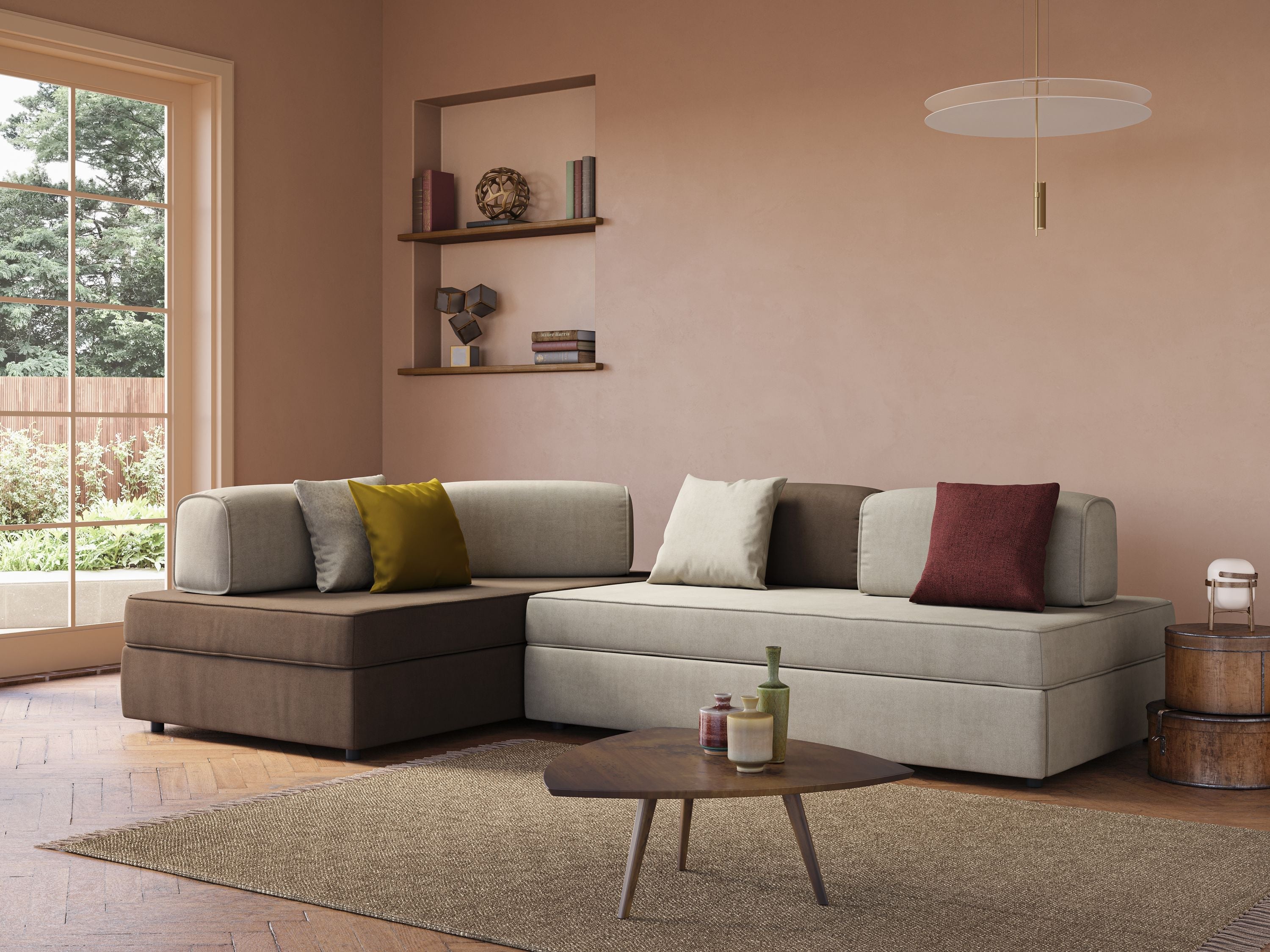 Liberty divano angolare con pouf estraibile e schienali movibili in tessuto morbido impermeabile T02 grigio chiaro - divani.store