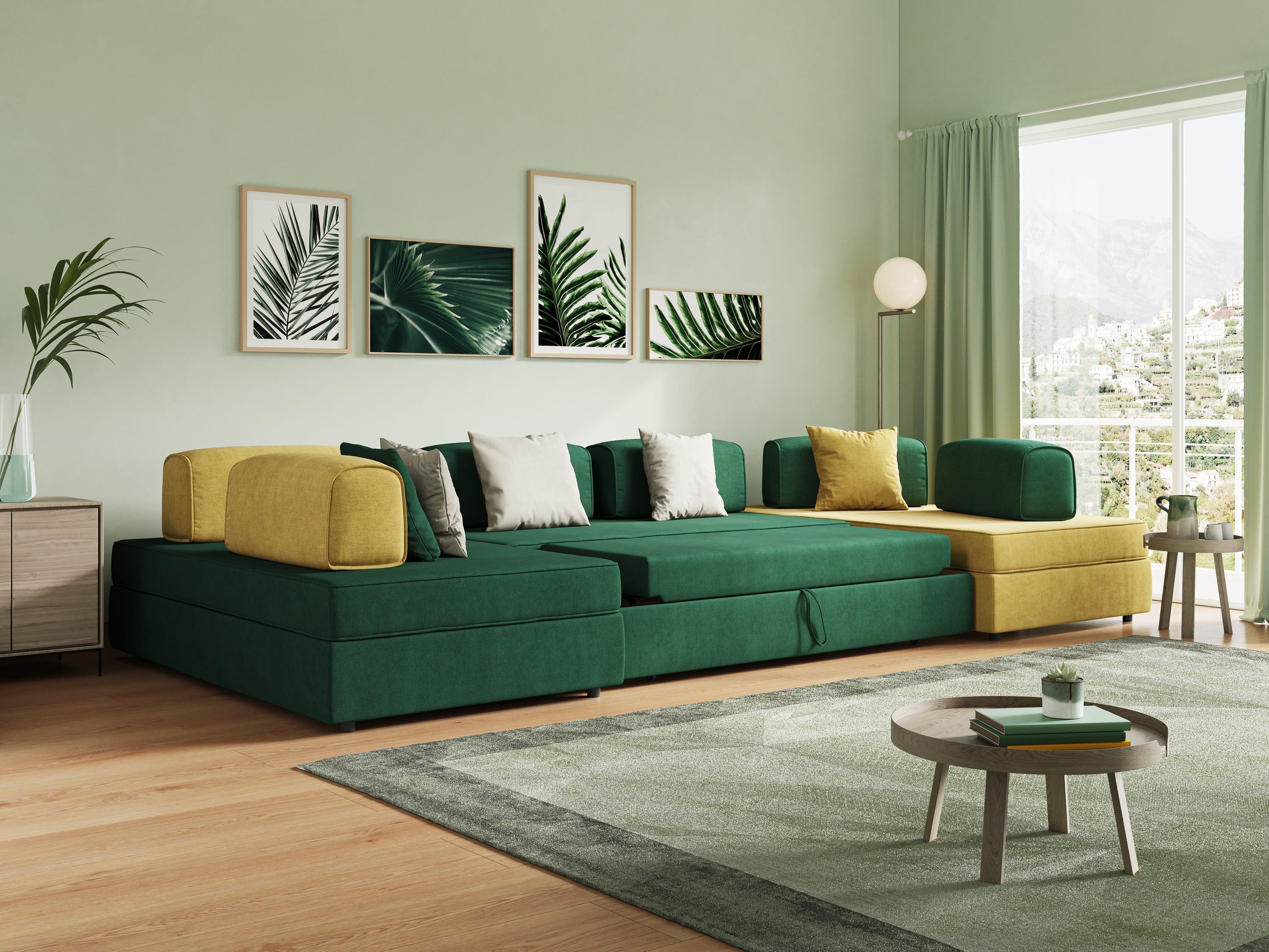 Liberty divano panoramico con pouf estraibile e schienali movibili in tessuto morbido impermeabile T02 grigio - divani.store