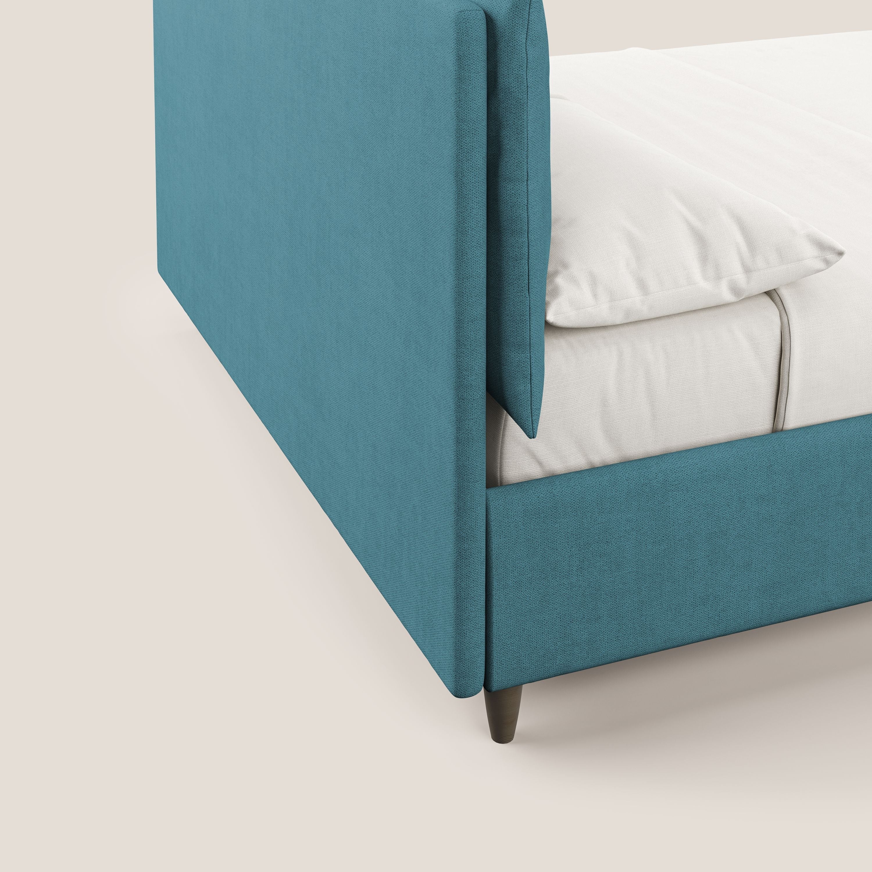 Mariana letto imbottito contenitore con cuscini in tessuto impermeabile T02 azzurro - divani.store