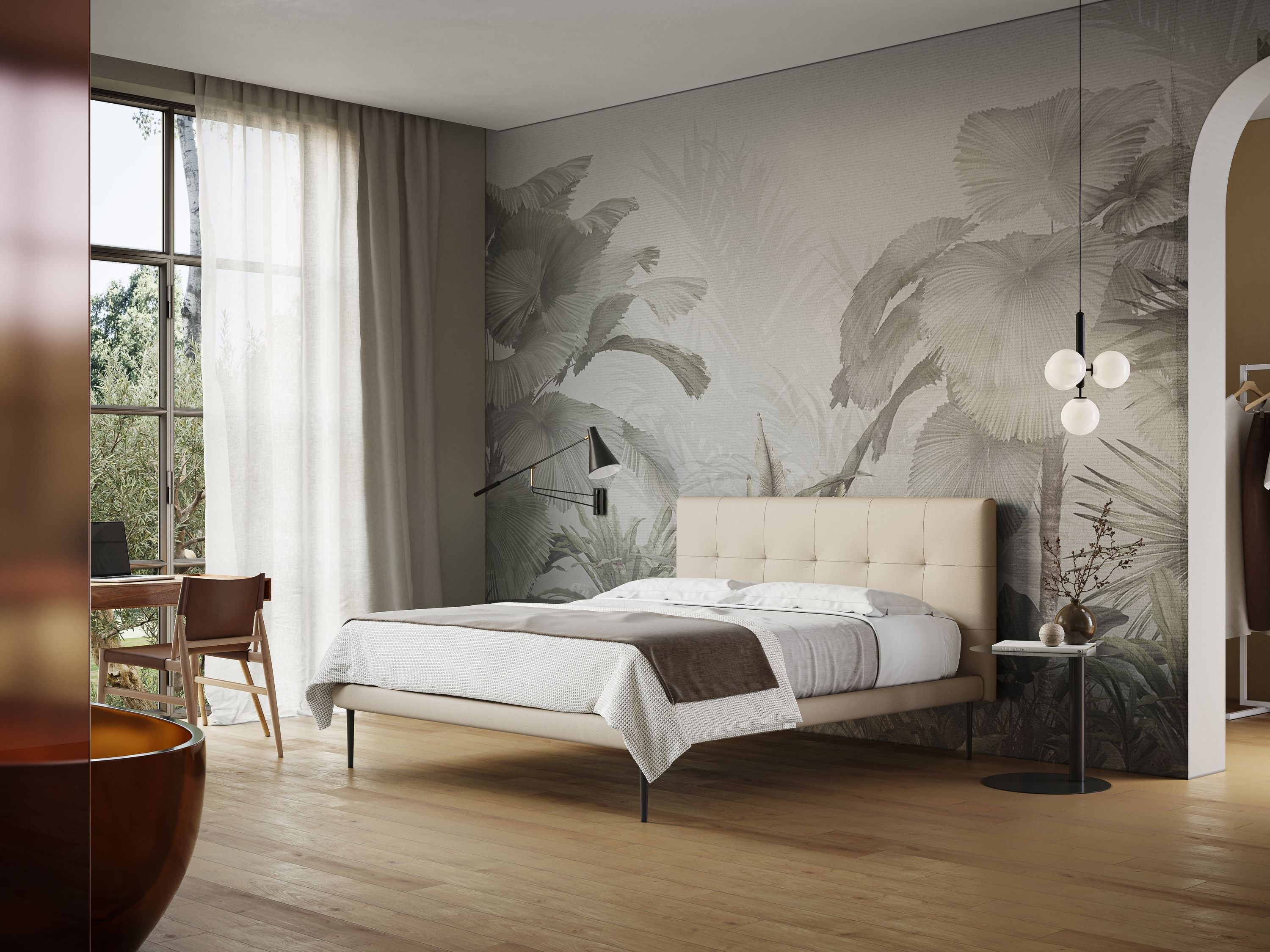 Midori letto imbottito trapuntato in ecopelle con piedini alti T04 panna - divani.store