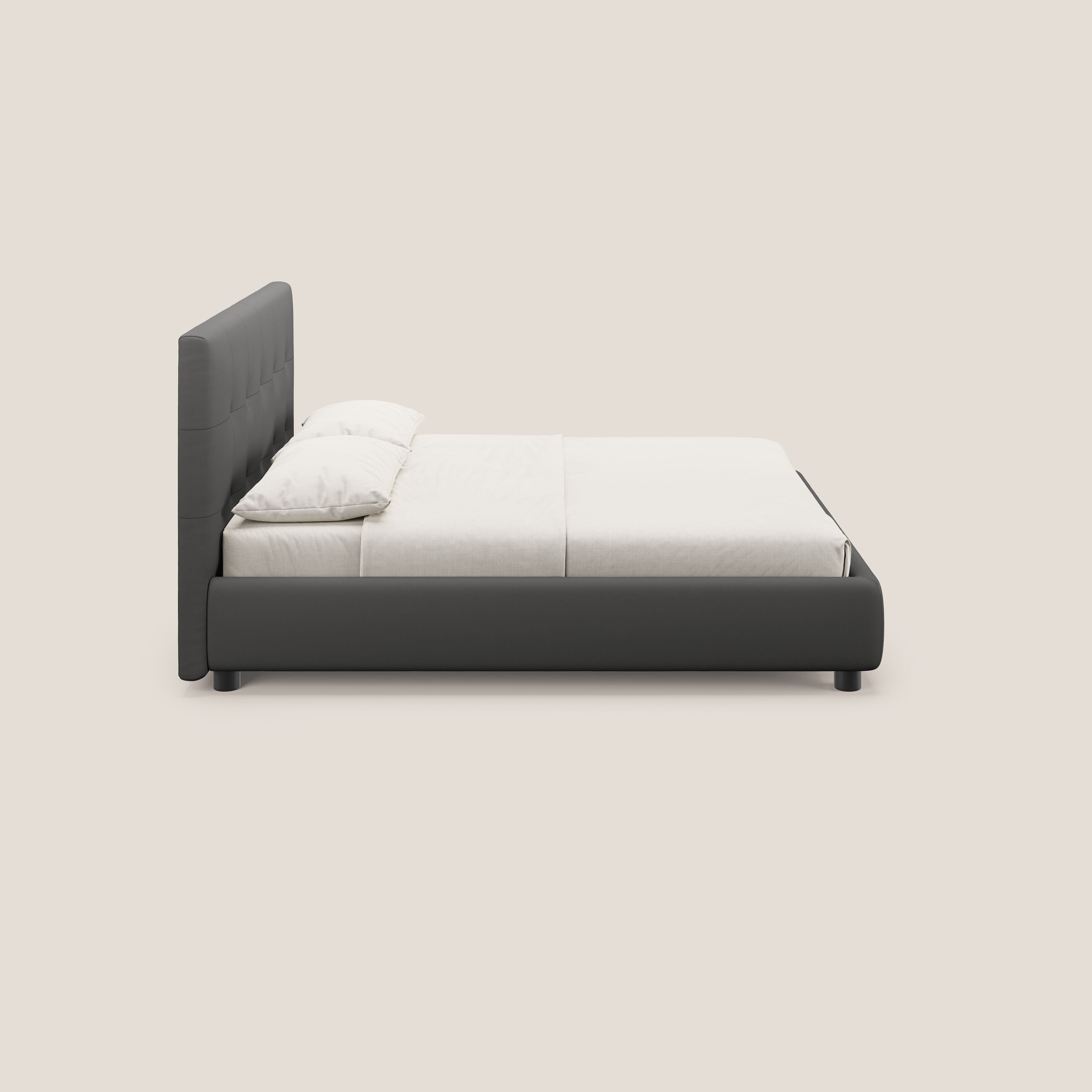Minato letto imbottito contenitore con testata trapuntata in ecopelle impermeabile T04 antracite - divani.store