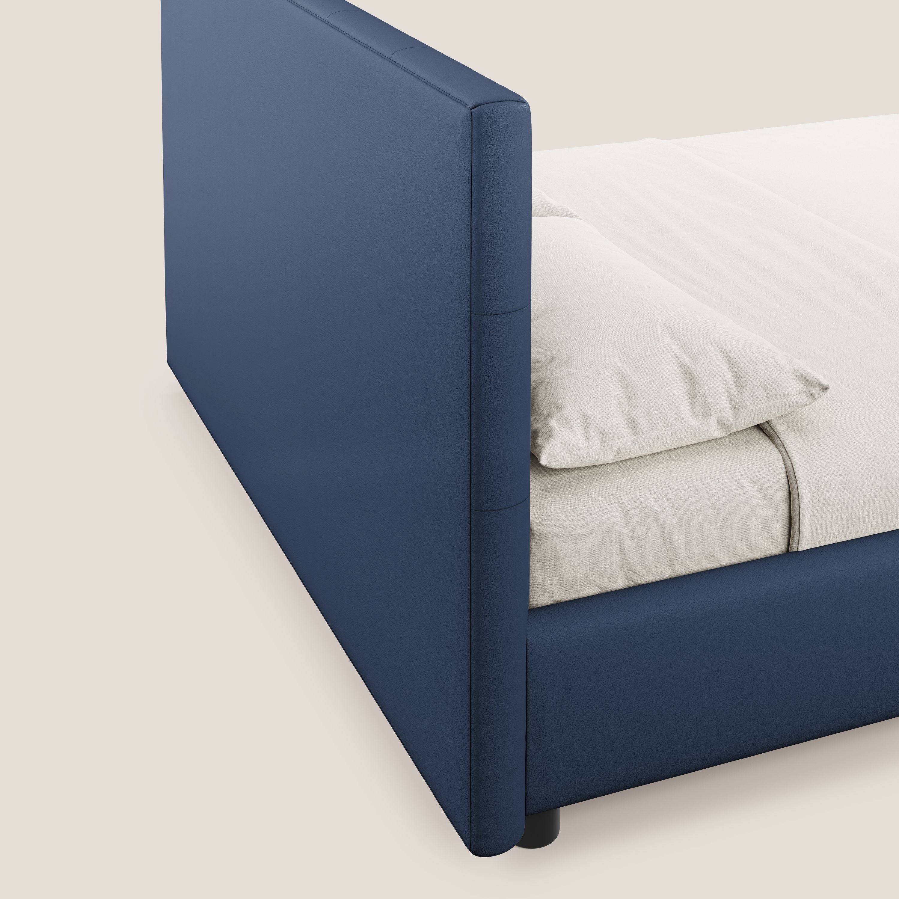 Minato letto imbottito contenitore con testata trapuntata in ecopelle impermeabile T04 blu - divani.store