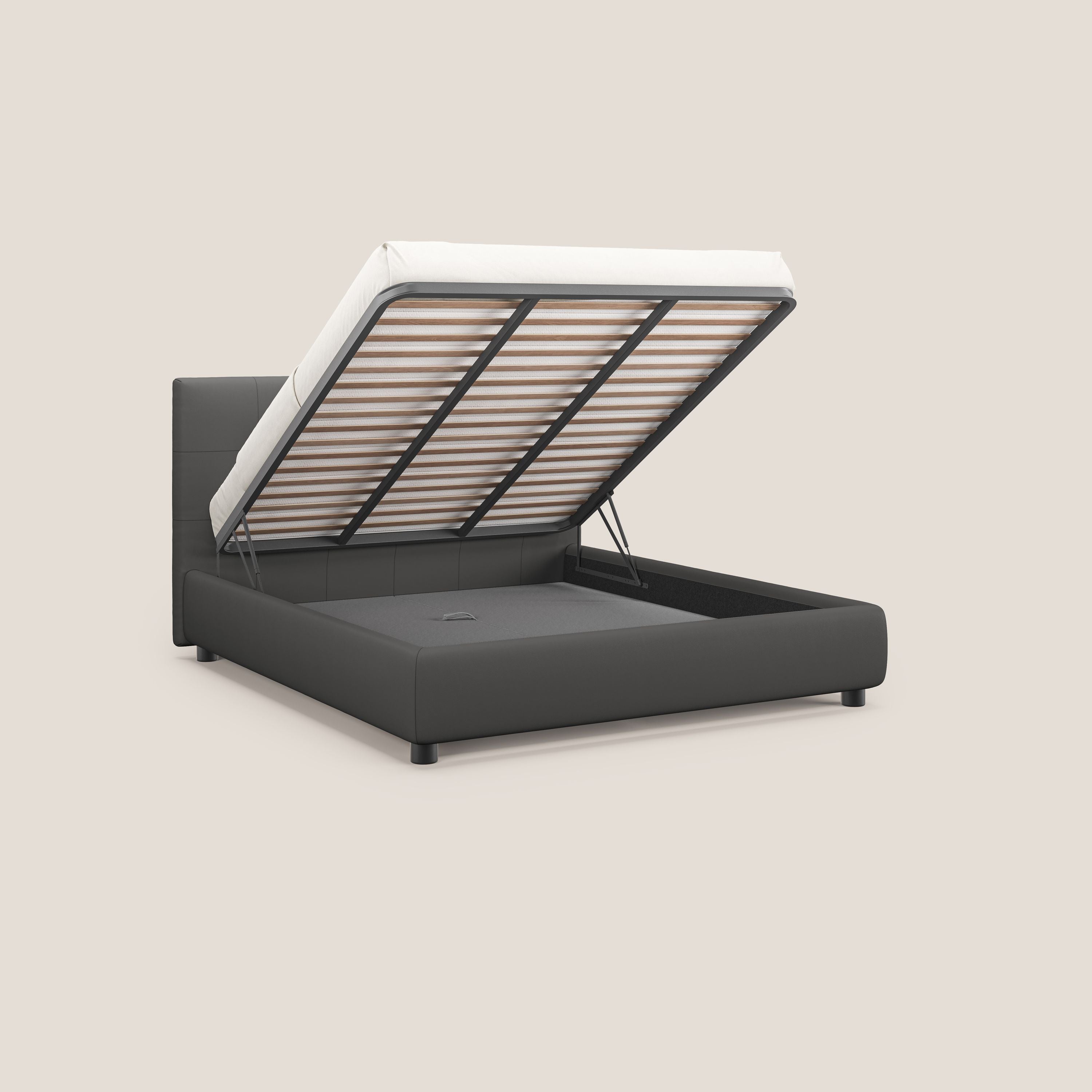 Minato letto imbottito contenitore con testata trapuntata in ecopelle impermeabile T04 antracite - divani.store