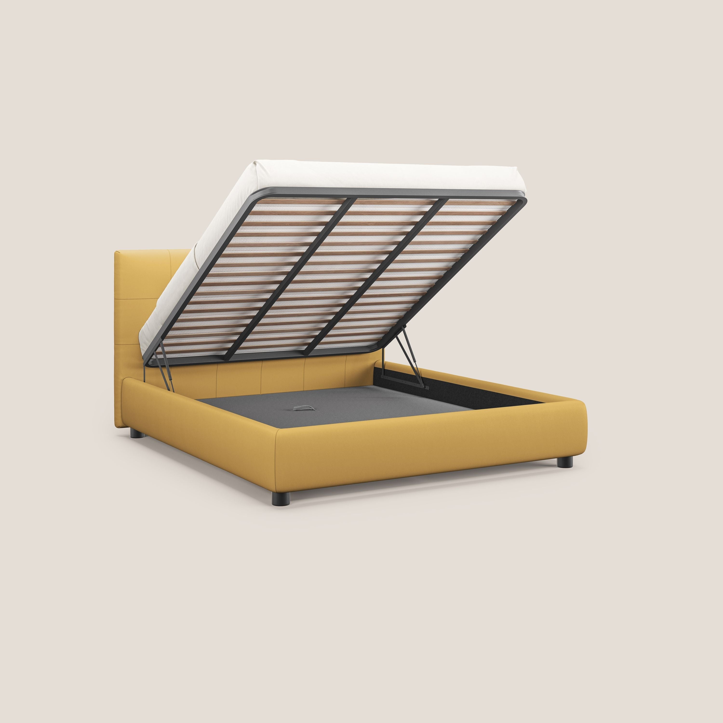 Minato letto imbottito contenitore con testata trapuntata in ecopelle impermeabile T04 giallo - divani.store