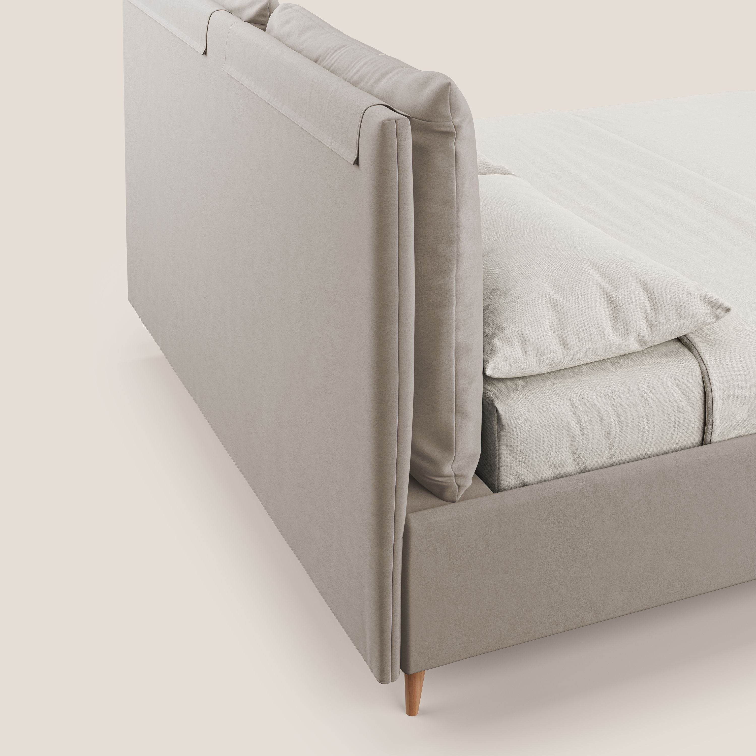 Nathan letto contenitore con cuscini regolabili con tasche in microfibra velluto impermeabile T09 tortora - divani.store