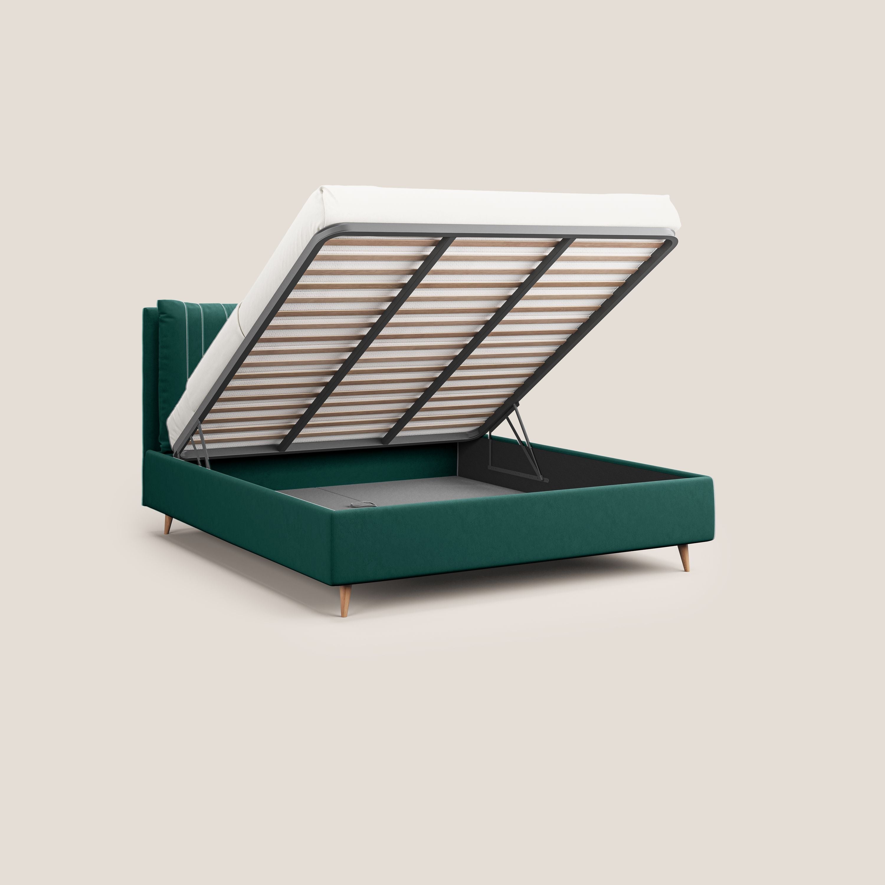 Nathan letto contenitore con cuscini regolabili con tasche in microfibra velluto impermeabile T09 verde - divani.store
