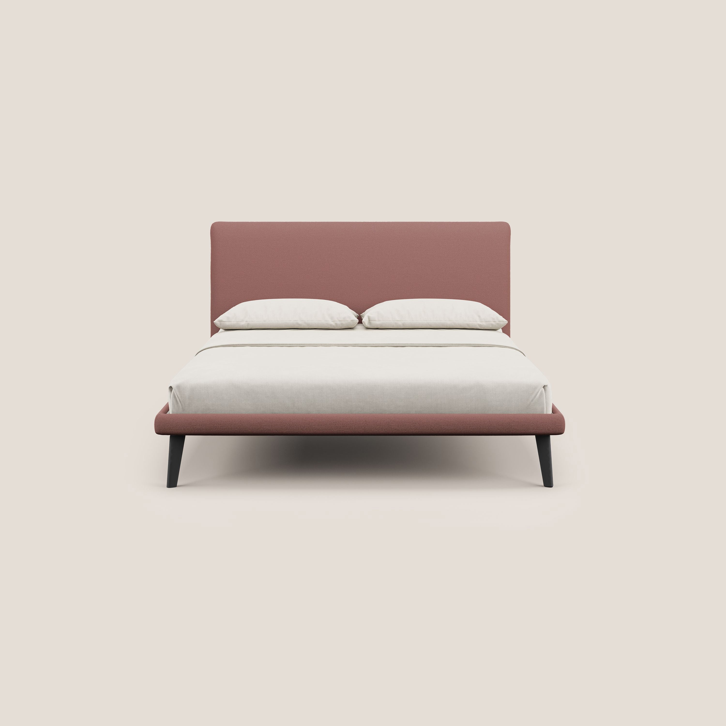 Noel letto minimal scandinavo con piedi in mogano e tessuto fiammato impermeabile T19 salmone - divani.store