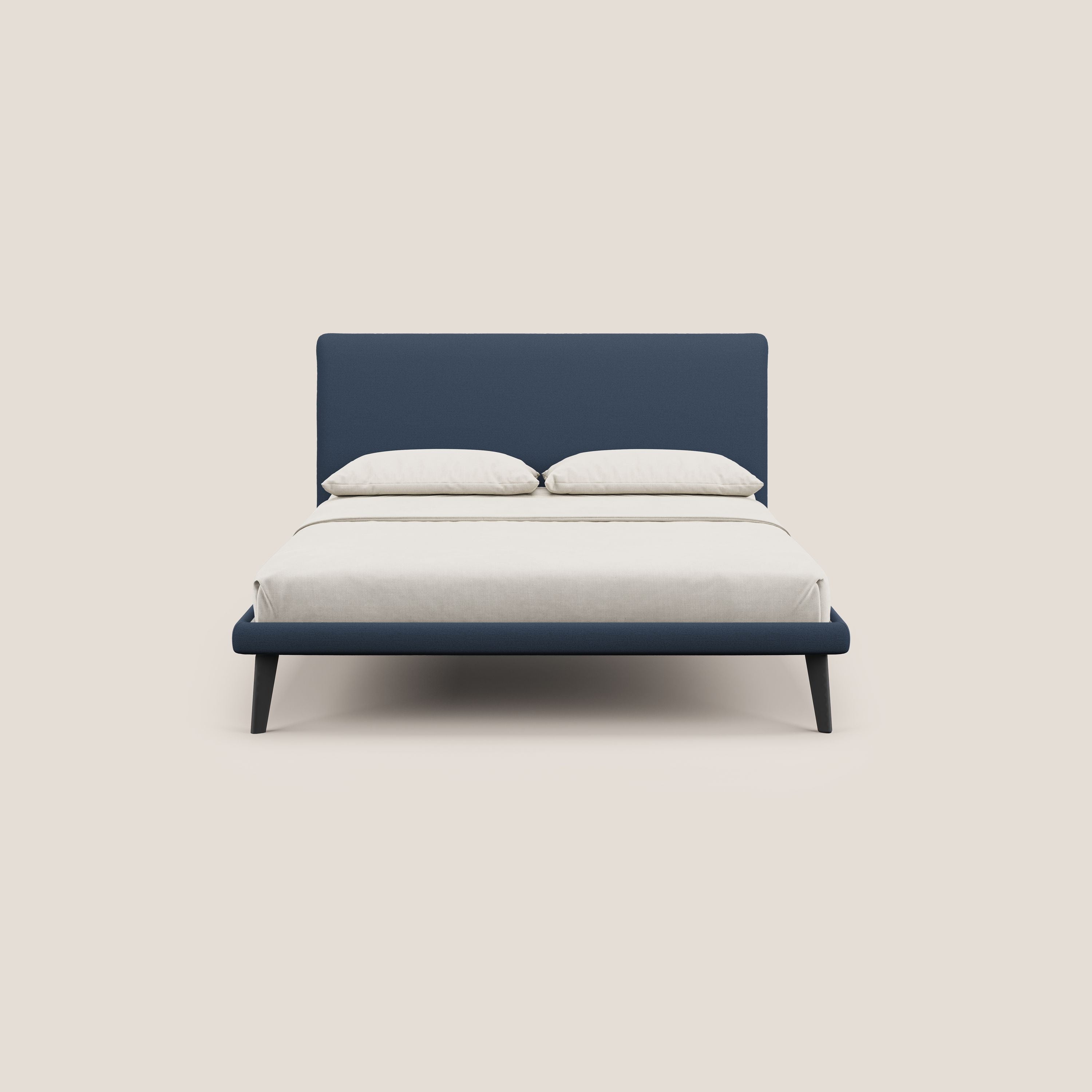 Noel letto minimal scandinavo con piedi in mogano e tessuto fiammato impermeabile T19 blu - divani.store
