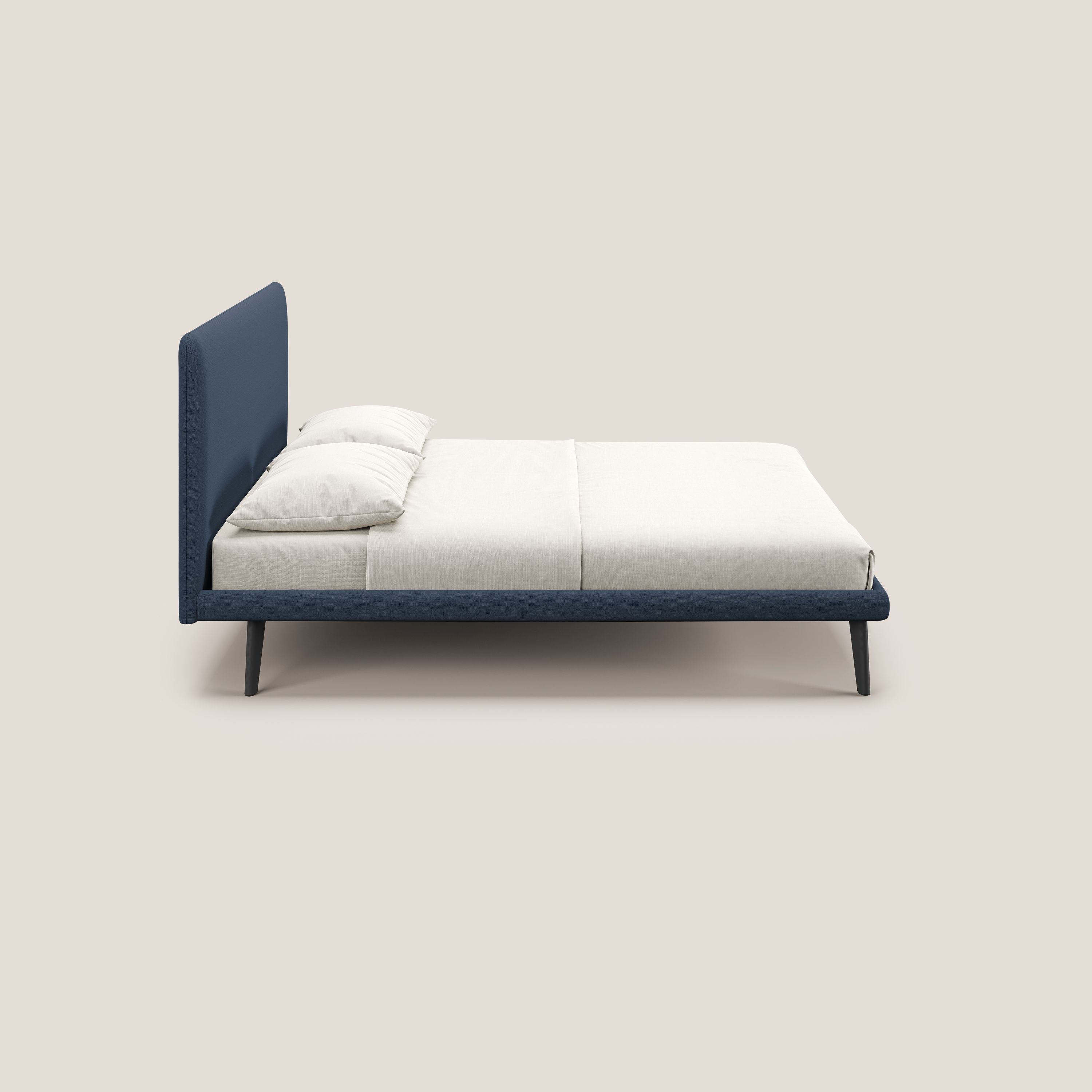 Noel letto minimal scandinavo con piedi in mogano e tessuto fiammato impermeabile T19 blu - divani.store