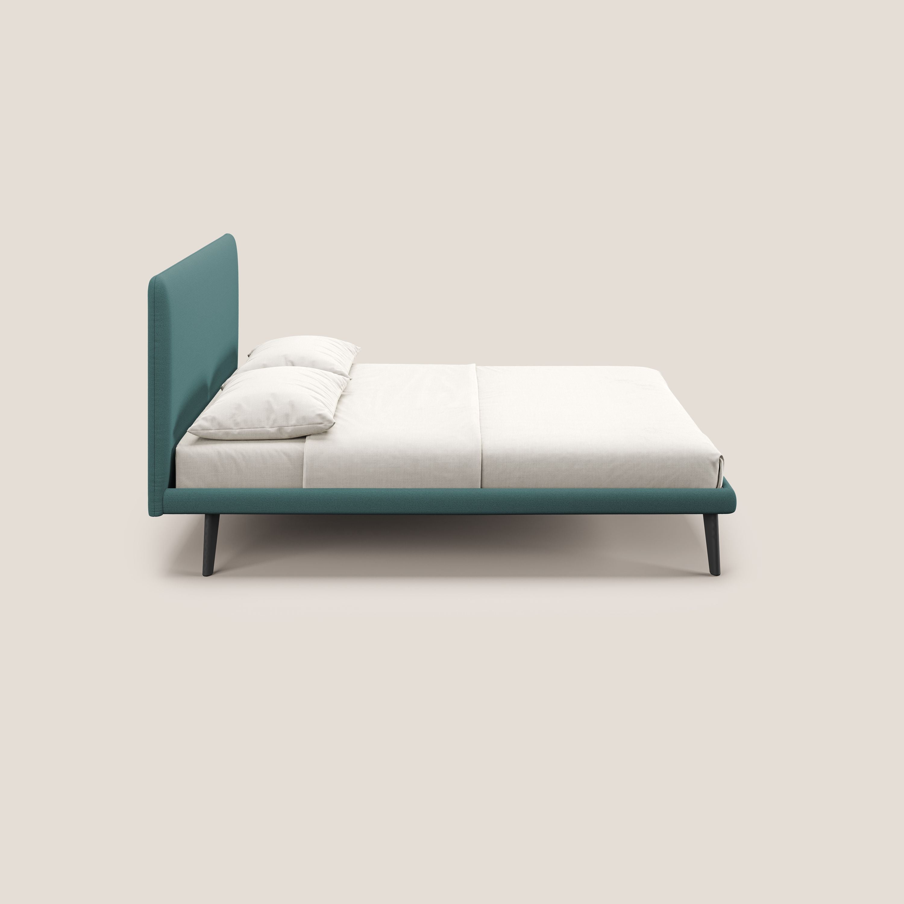 Noel letto minimal scandinavo con piedi in mogano e tessuto fiammato impermeabile T19 petrolio - divani.store