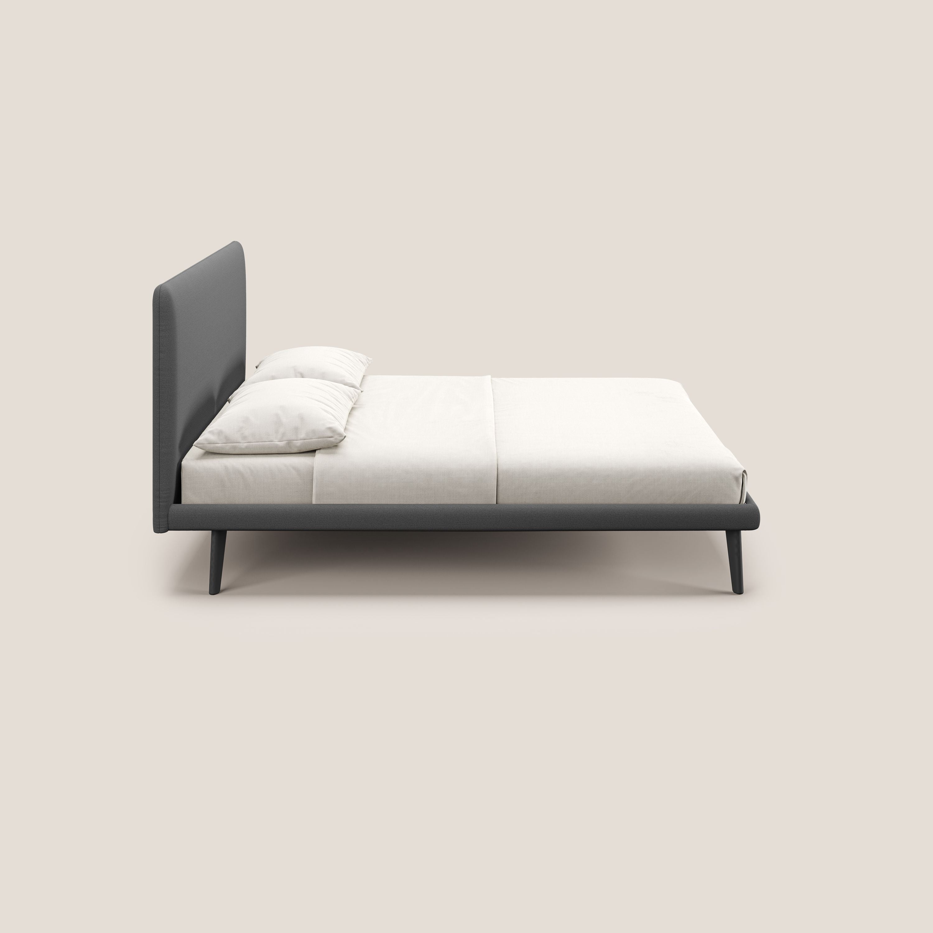 Noel letto minimal scandinavo con piedi in mogano e tessuto fiammato impermeabile T19 antracite - divani.store
