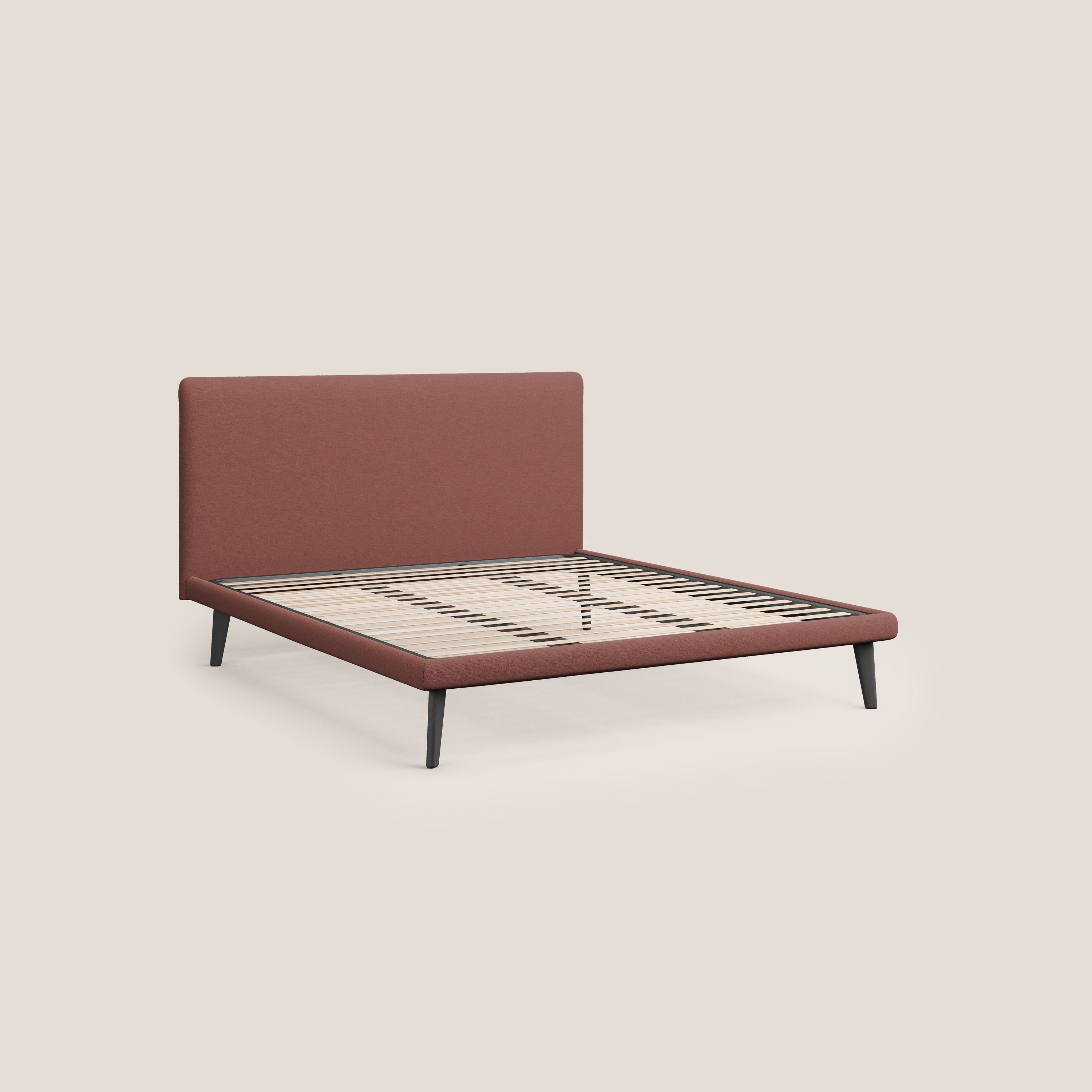 Noel letto minimal scandinavo con piedi in mogano e tessuto fiammato impermeabile T19 salmone - divani.store