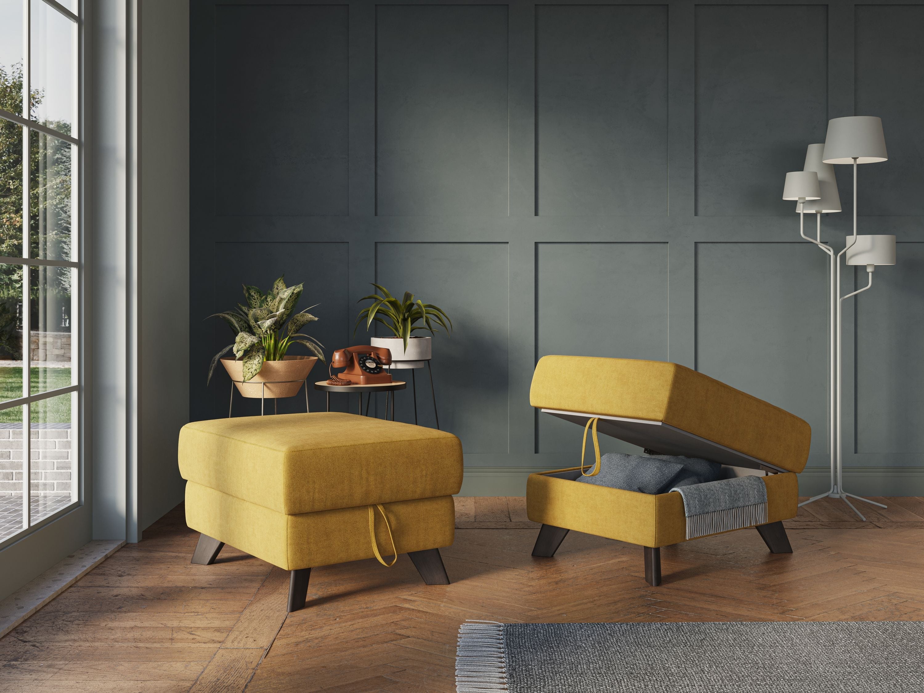 Moon Pouf contenitore e piedini alti in tessuto morbido impermeabile T02 giallo - divani.store