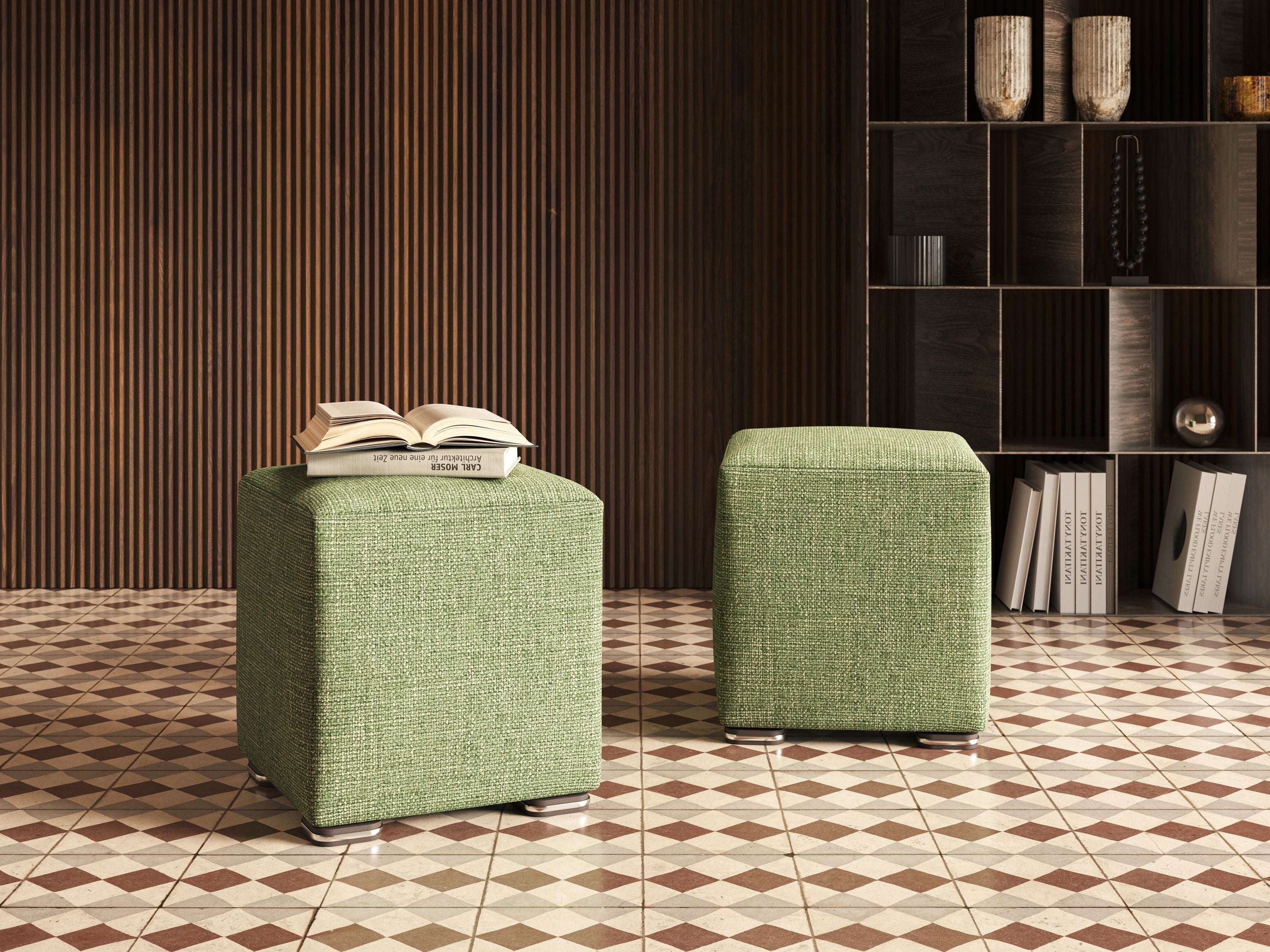 Cube pouf in morbido tessuto impermeabile ad intreccio melangiato T06 verde - divani.store