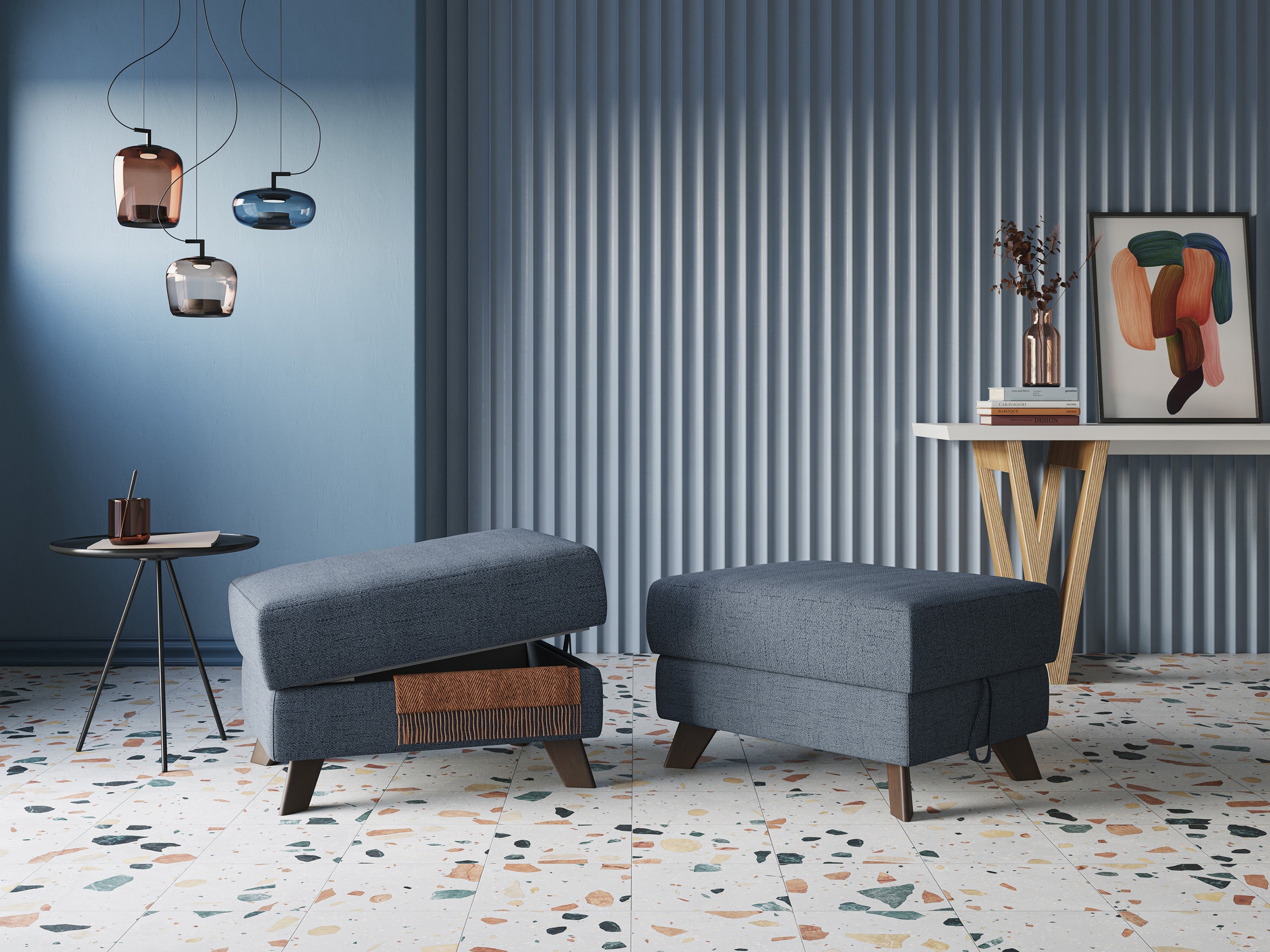 Moon Pouf contenitore e piedini alti in tessuto morbido impermeabile fiammato T03 azzurro - divani.store