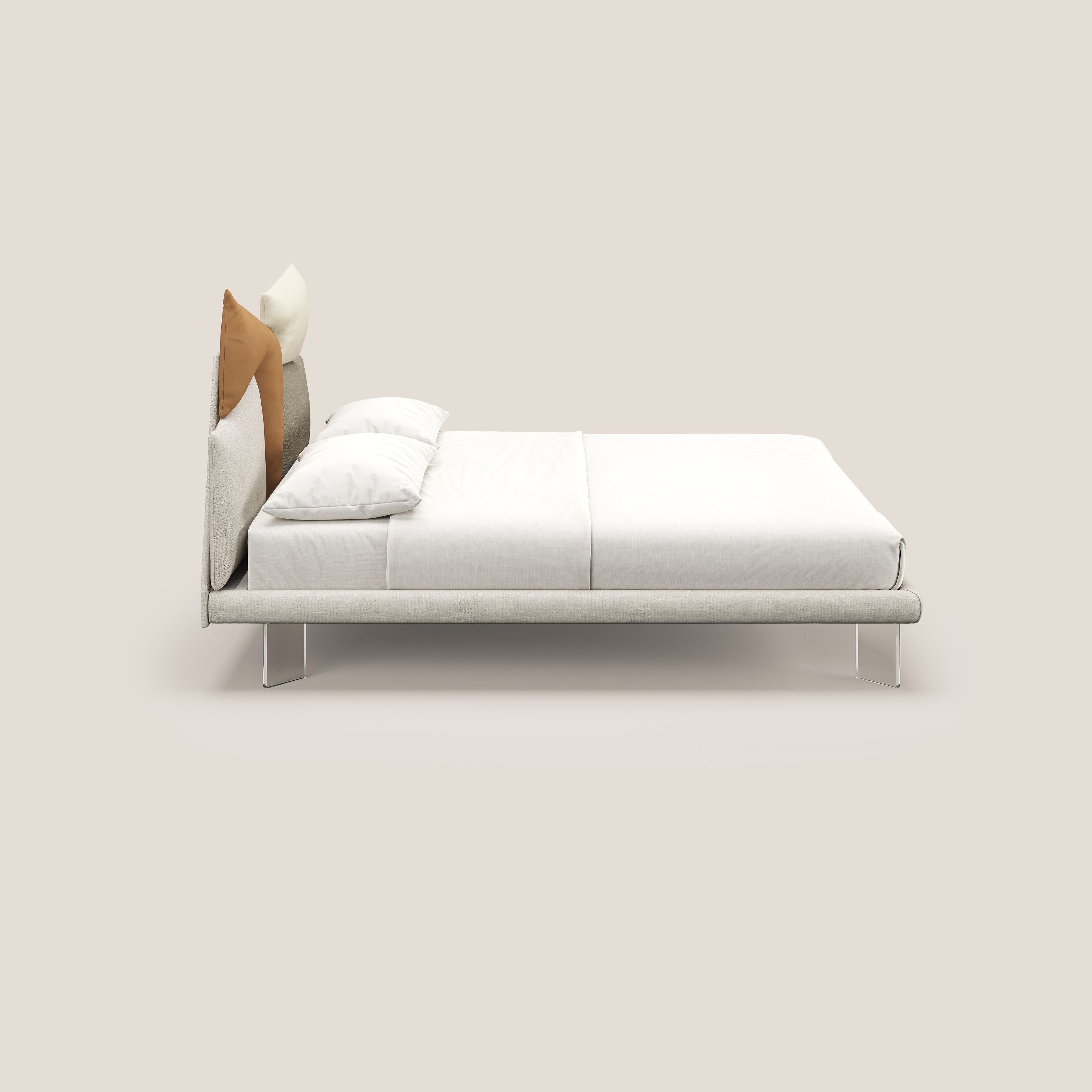 Rebus letto imbottito dal design moderno con piedi trasparenti in plexiglass panna - divani.store