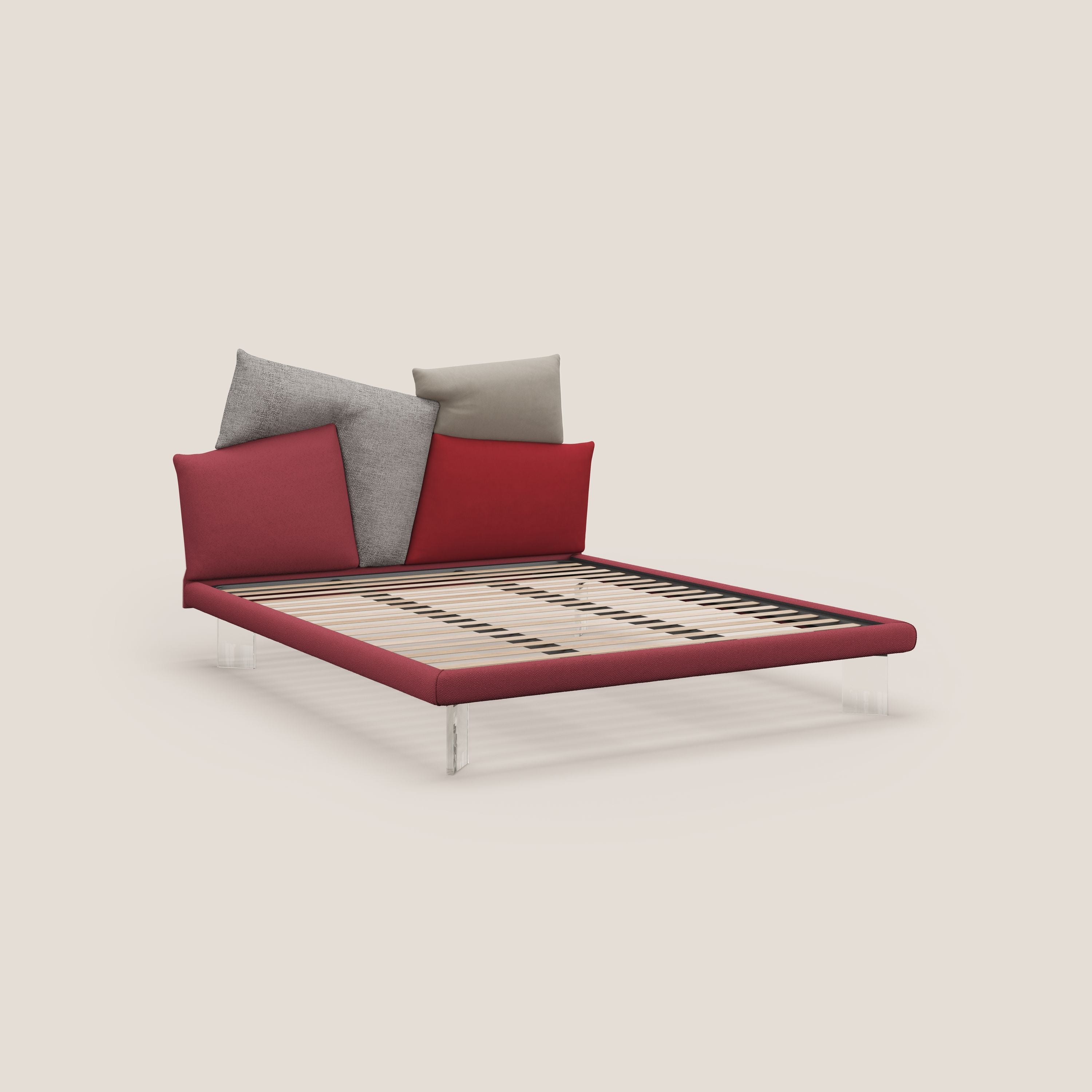 Rebus letto imbottito dal design moderno con piedi trasparenti in plexiglass rosso - divani.store