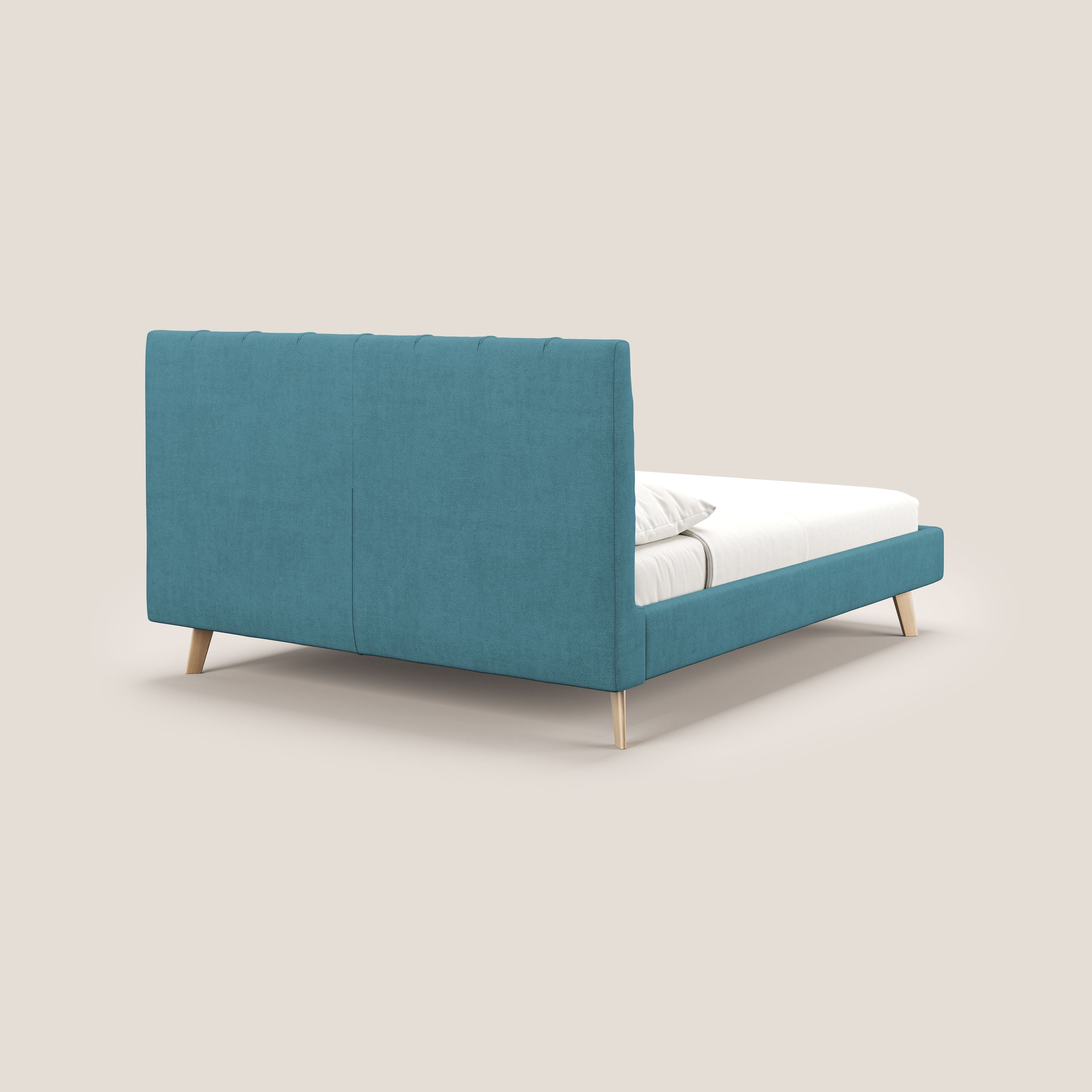 Selene letto imbottito con piedini naturali sfoderabile in tessuto impermeabile T02 azzurro - divani.store