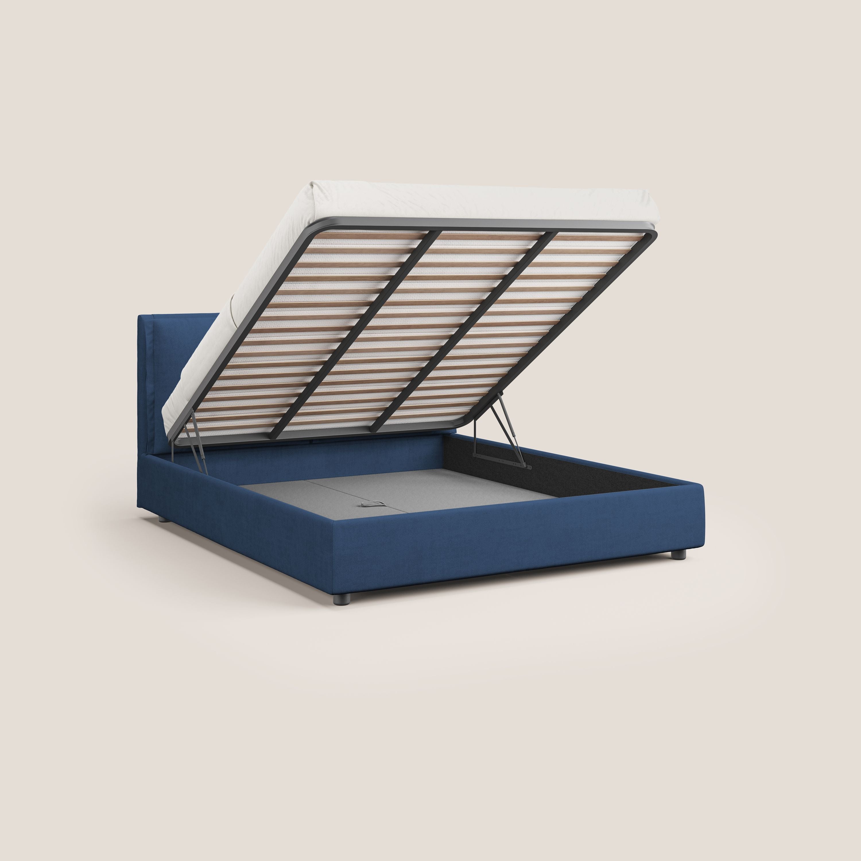 Travis letto contenitore con cuscini mobili trapuntati in tessuto impermeabile T02 blu - divani.store