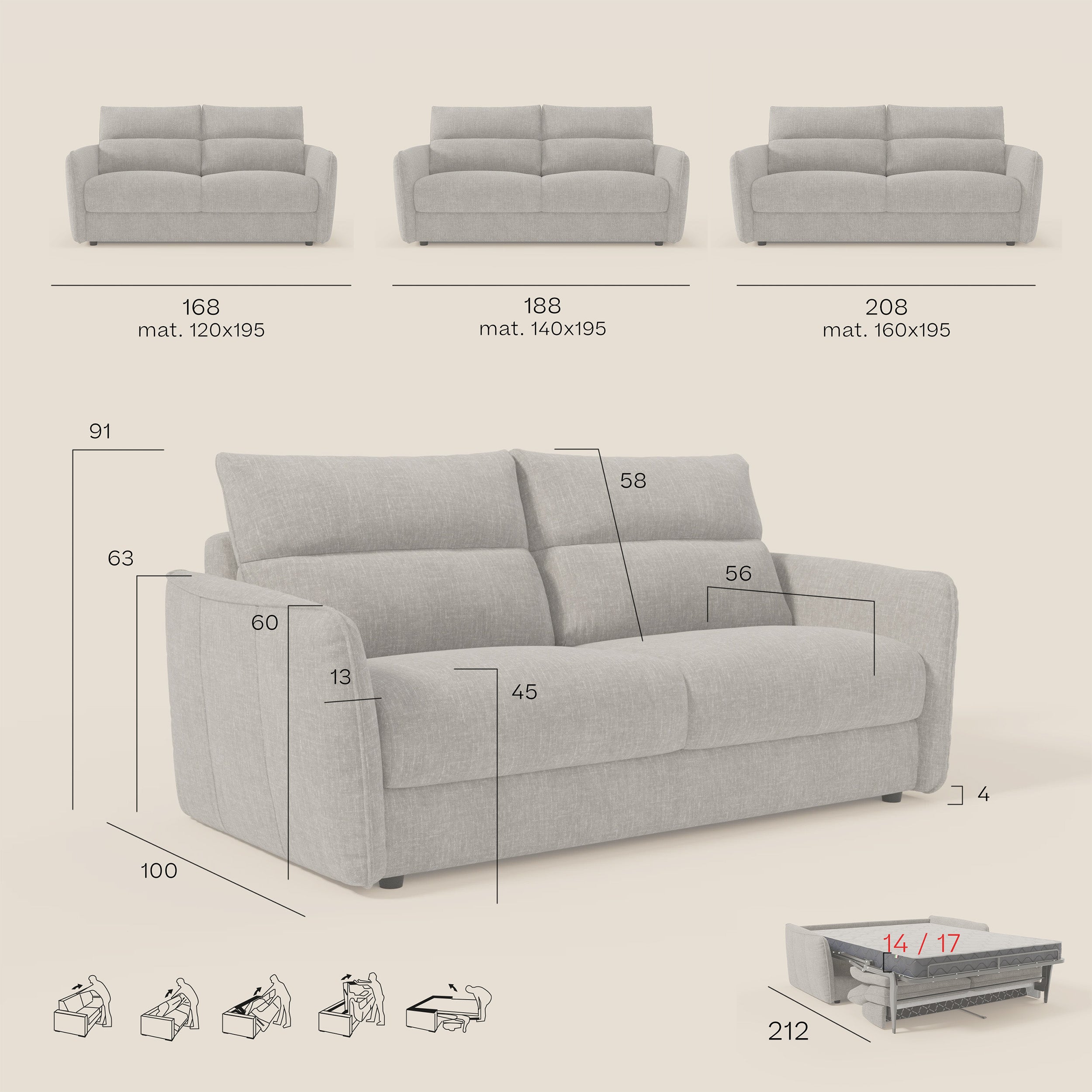 Elios Schlafsofa mit weichen Rückenkissen aus abwaschbarem Stoff T24 beige