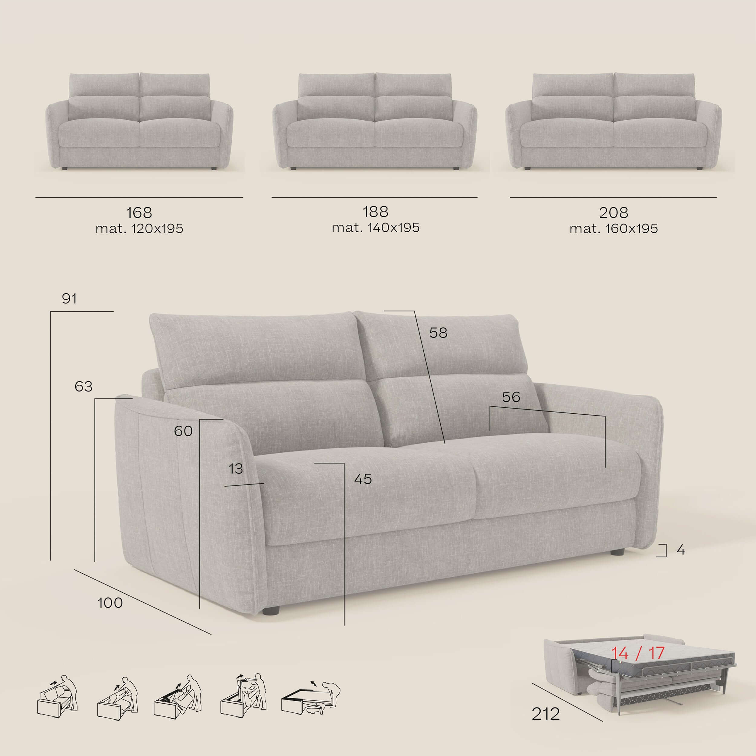 Il divano letto Elios di Divani.Store in smacchiabile T24 marrone tortora è presentato con le dimensioni indicate (profondità 100 cm, altezza 91 cm). Disponibile in quattro larghezze, è dotato di morbidi cuscini di schienale e di un contenitore sotto la seduta per una facile pulizia e un maggiore comfort.