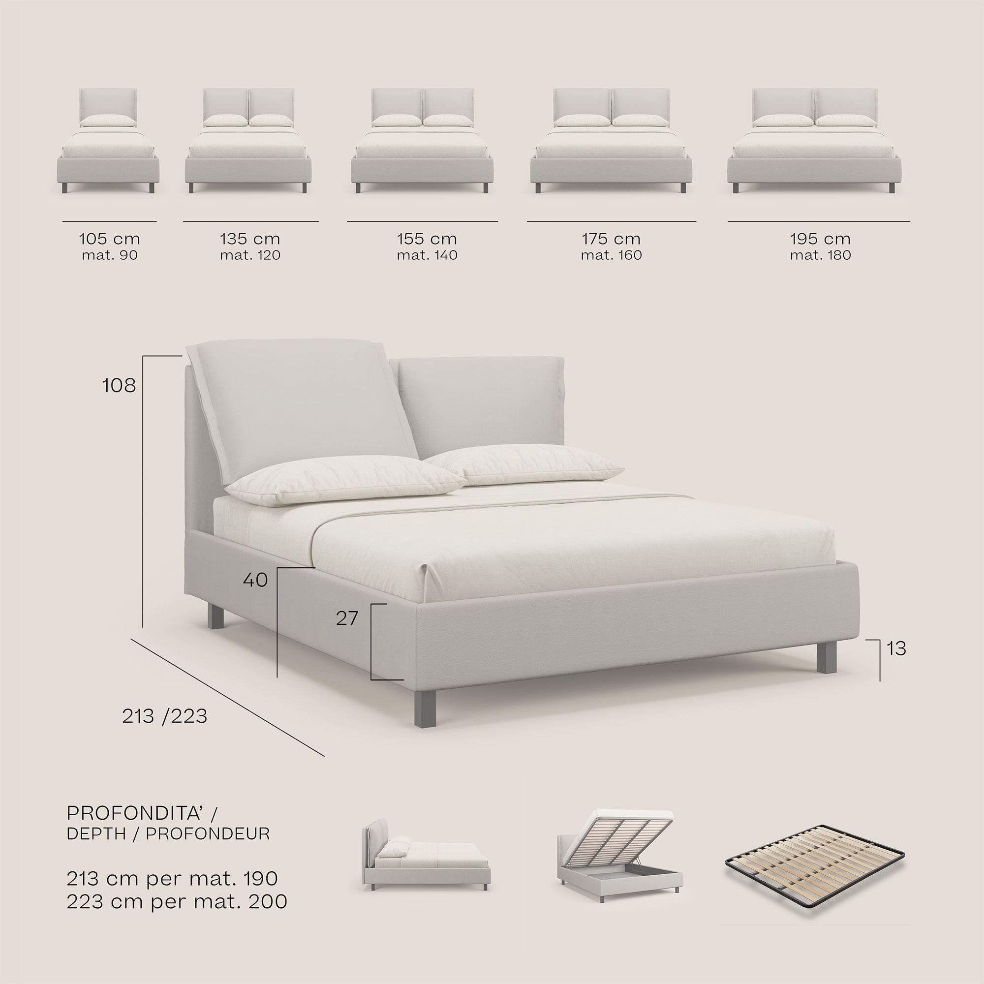 Emma letto contenitore con cuscini mobili in microfibra smacchiabile T11 beige - divani.store