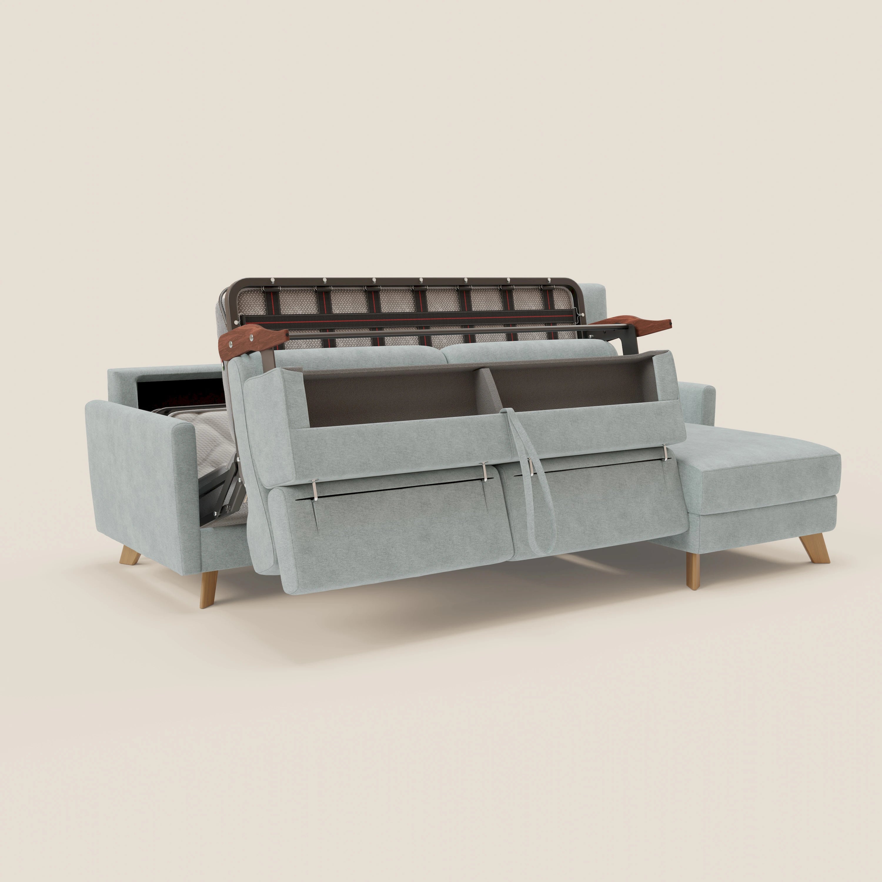 Il divano letto angolare Francy verde chiaro sfoderabile di Divani.Store è presentato con gambe in legno, schienale e seduta sollevabili che rivelano una penisola contenitore nascosta per la biancheria da letto, poggiatesta reclinabili e fondo liscio.