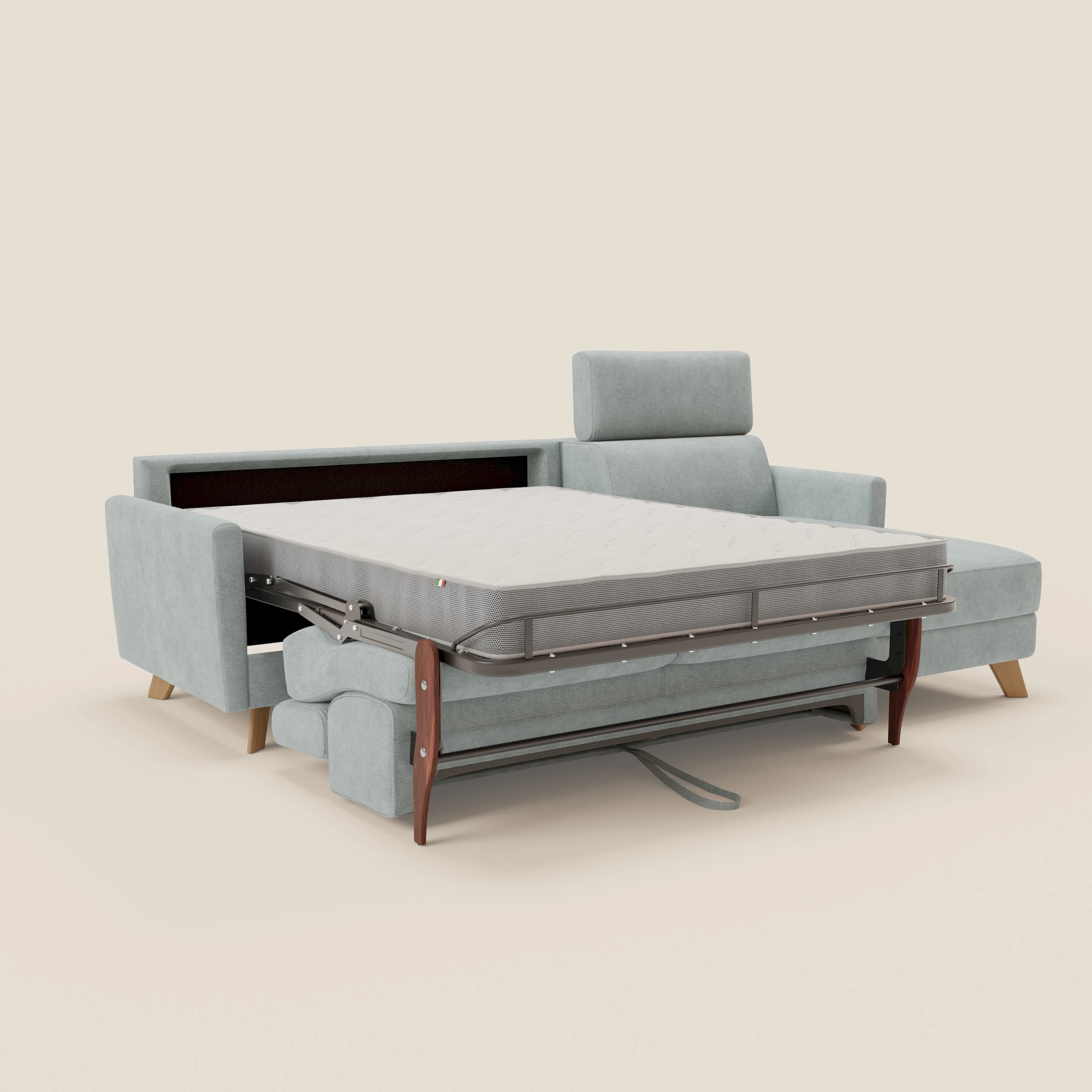 Il divano letto angolare sfoderabile Francy di Divani.Store in T17 verde acqua è dotato di penisola contenitore, letto estraibile, poggiatesta reclinabili e una robusta struttura in metallo e legno, perfetta per un maggiore comfort e un moderno stile nordico.