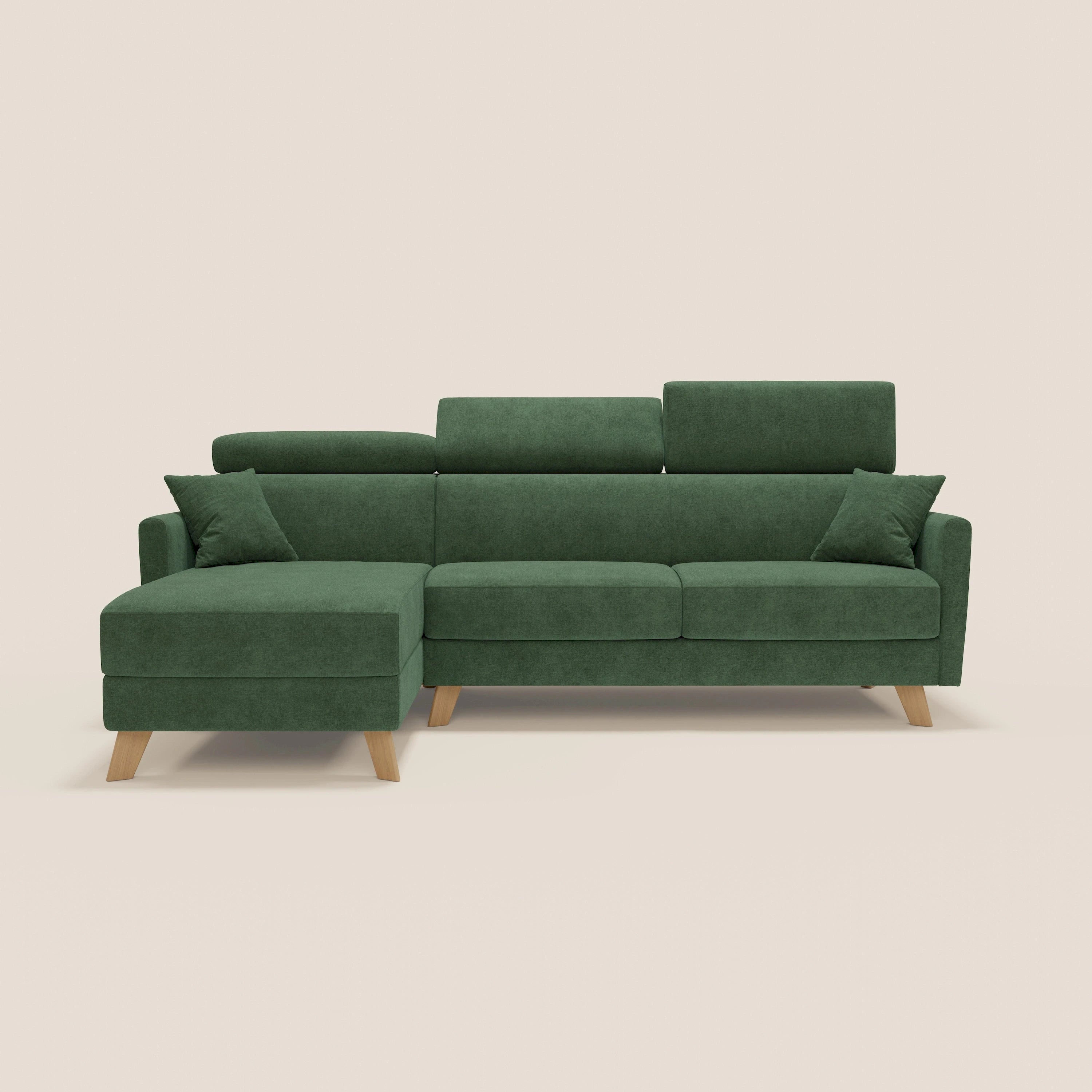 Francy divano letto angolare sfoderabile - penisola contenitore e poggiatesta reclinabili in tessuto smacchiabile T17 verde - divani.store