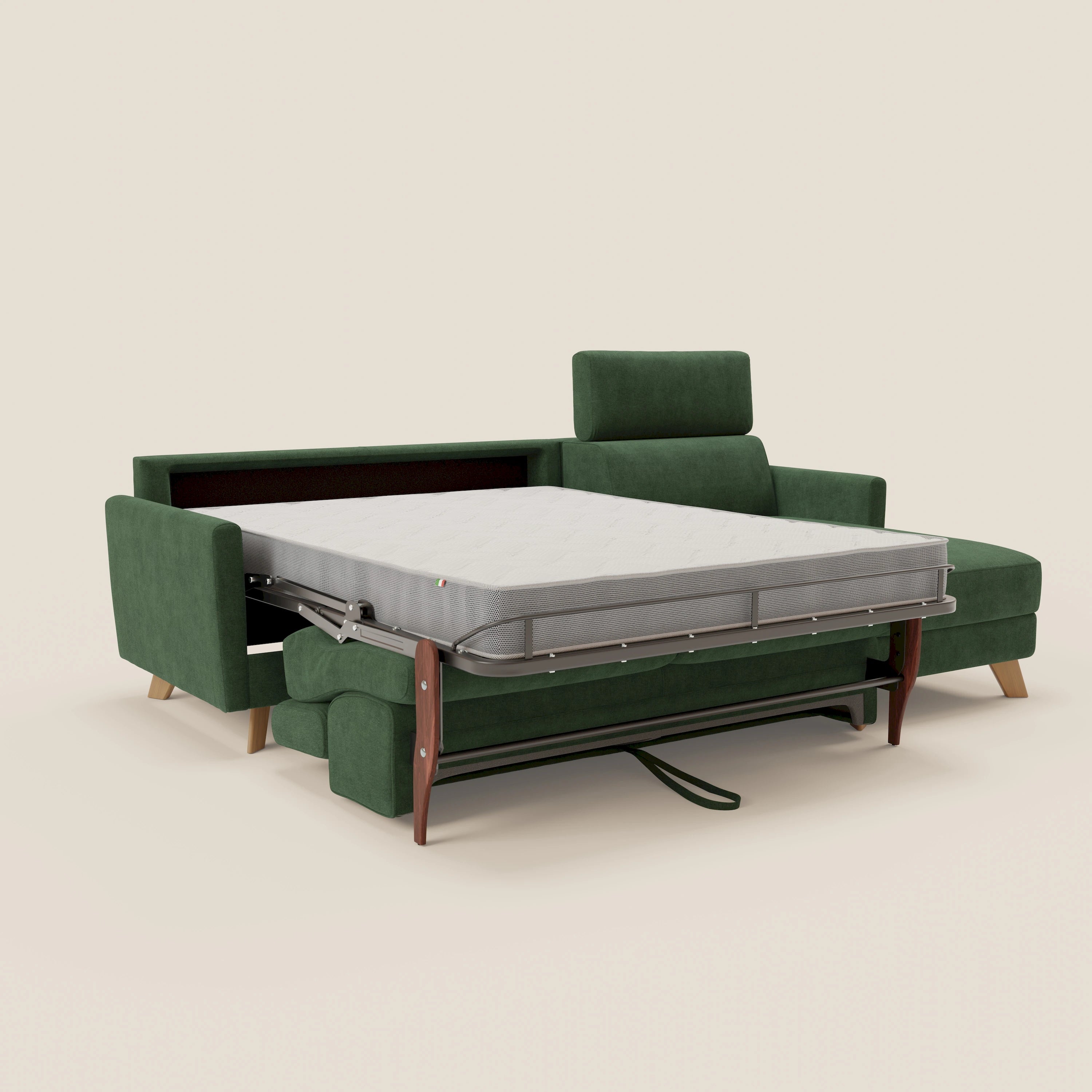 Francy divano letto angolare sfoderabile - penisola contenitore e poggiatesta reclinabili in tessuto smacchiabile T17 verde - divani.store