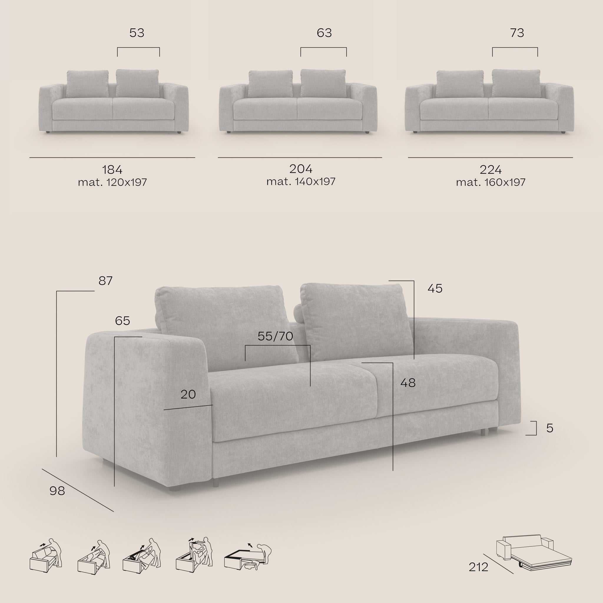 Freia Minimales Schlafsofa mit h15 cm Matratze und weichen Rückenlehnen aus wasserfestem Stoff T14