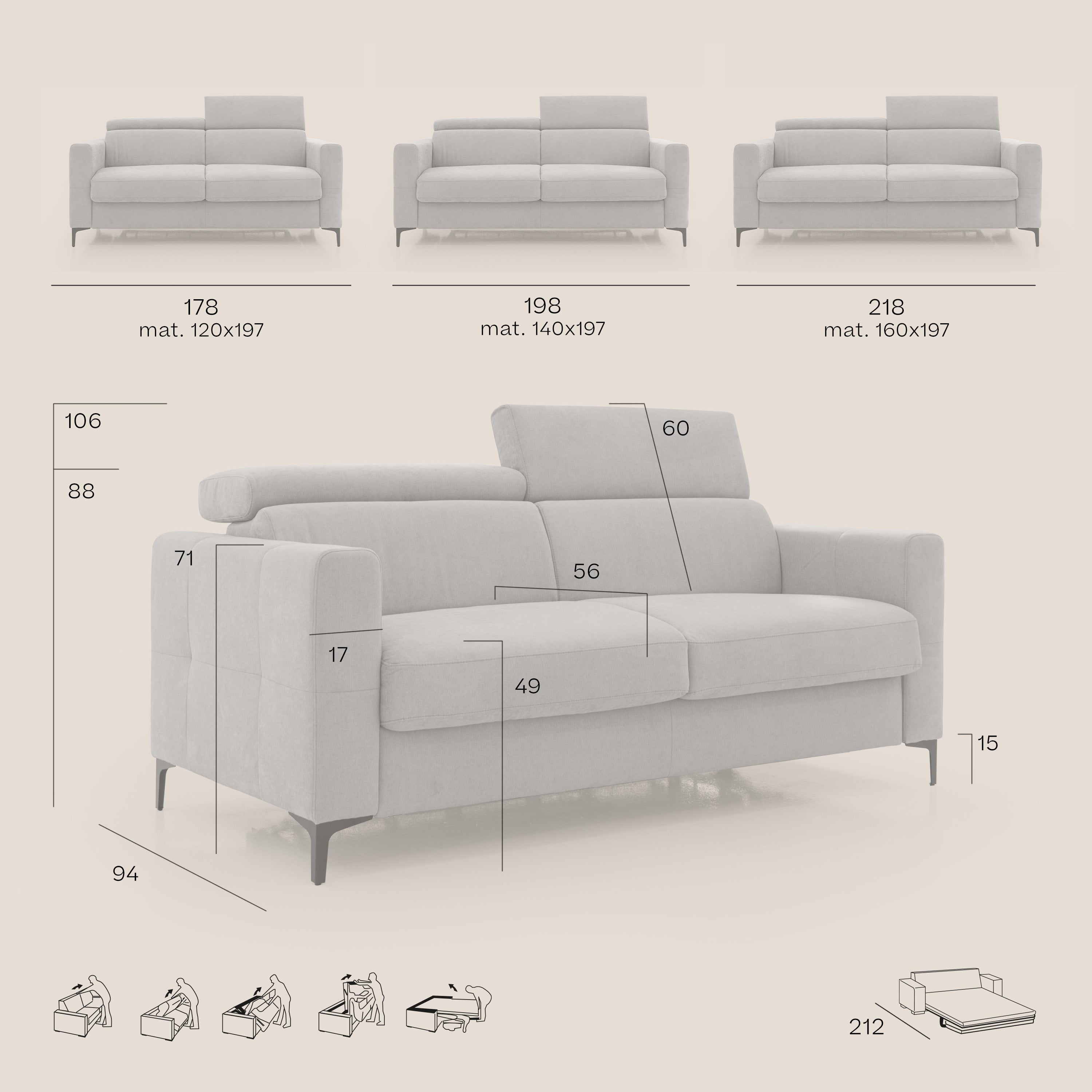 Gardenia divano letto materasso alto 18 cm con poggiatesta reclinabili e rivestimento impermeabile T02 panna - divani.store