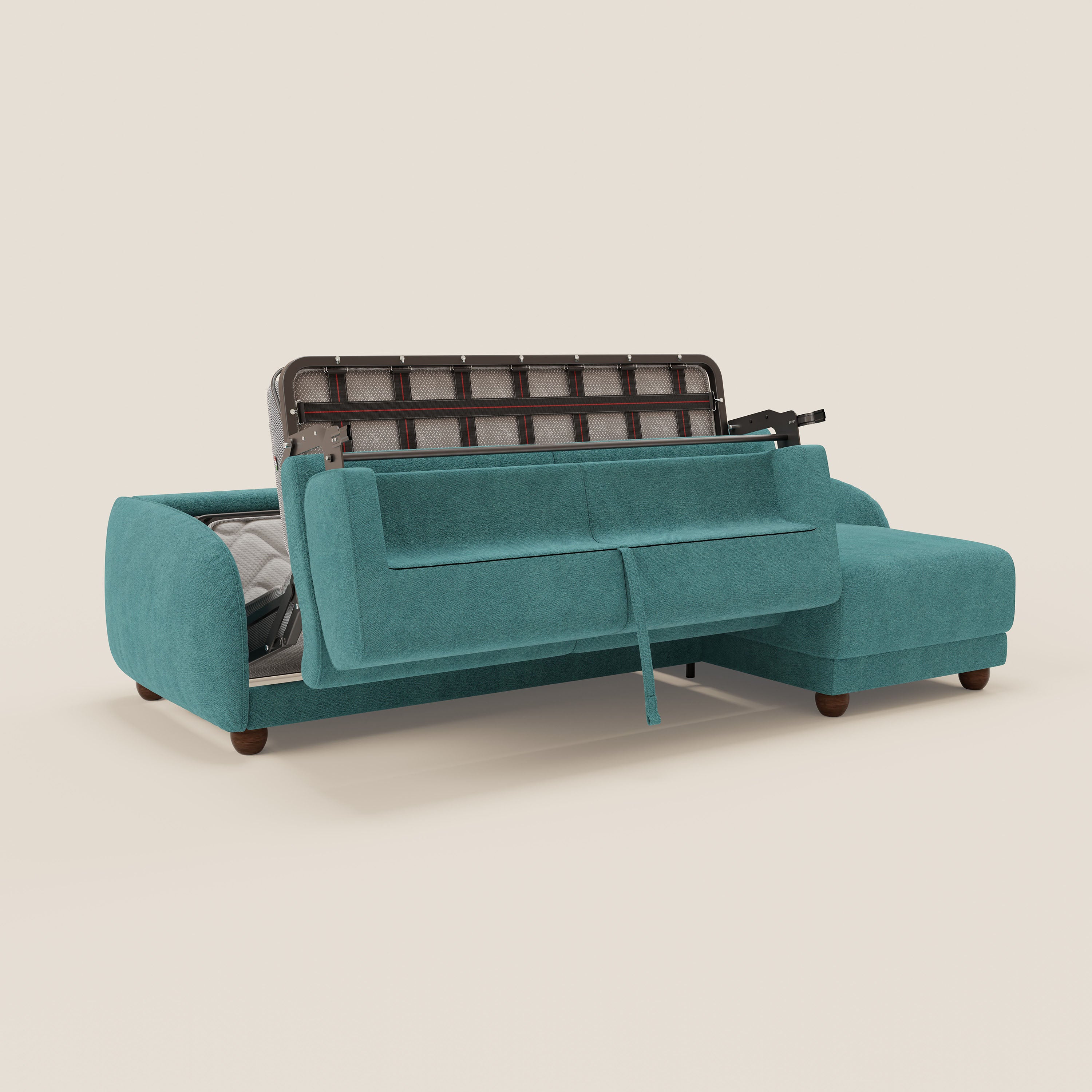 Giglio divano letto angolare con materasso alto 18 cm e penisola contenitore in morbido bouclé impermeabile T07 - divani.store