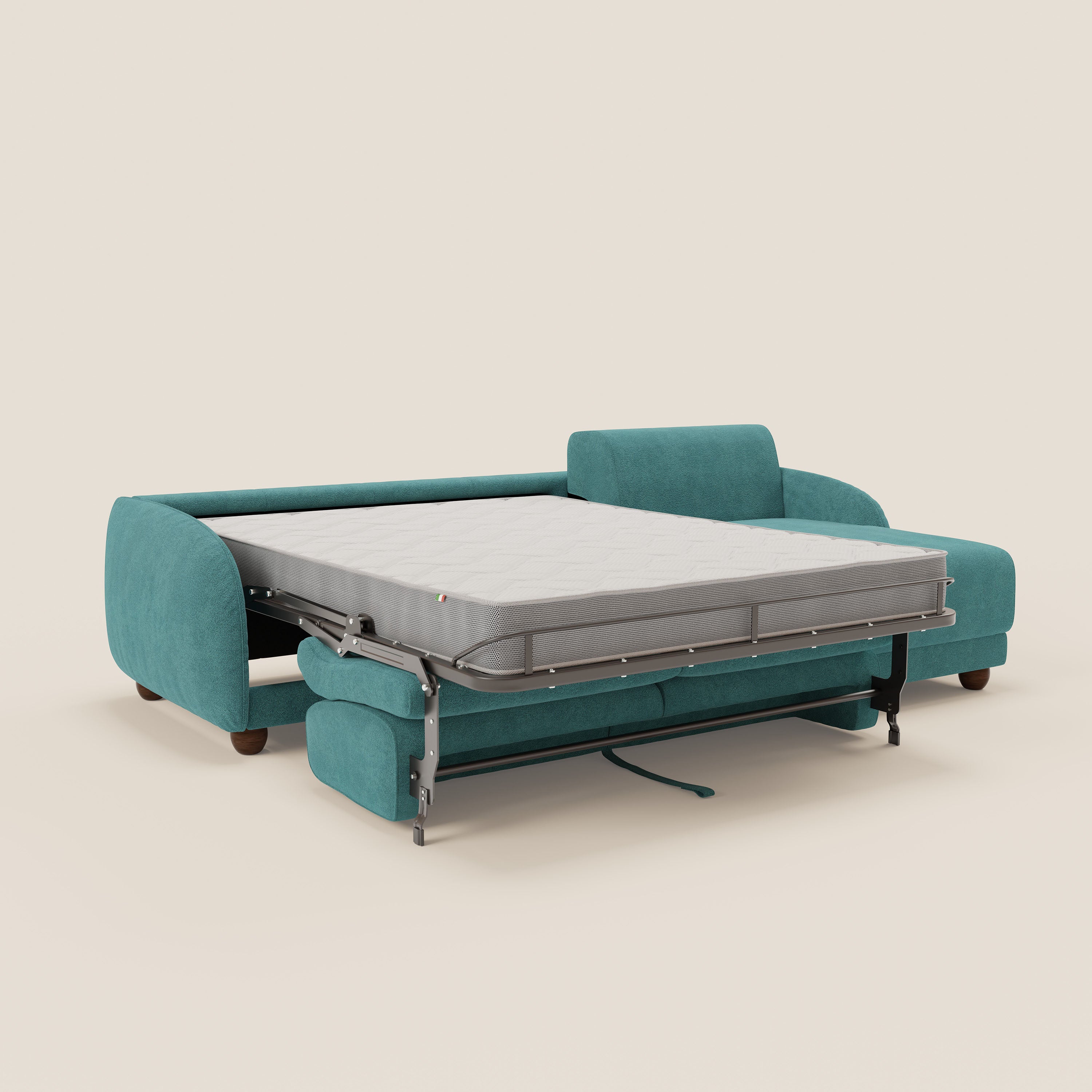 Giglio divano letto angolare con materasso alto 18 cm e penisola contenitore in morbido bouclé impermeabile T07 - divani.store