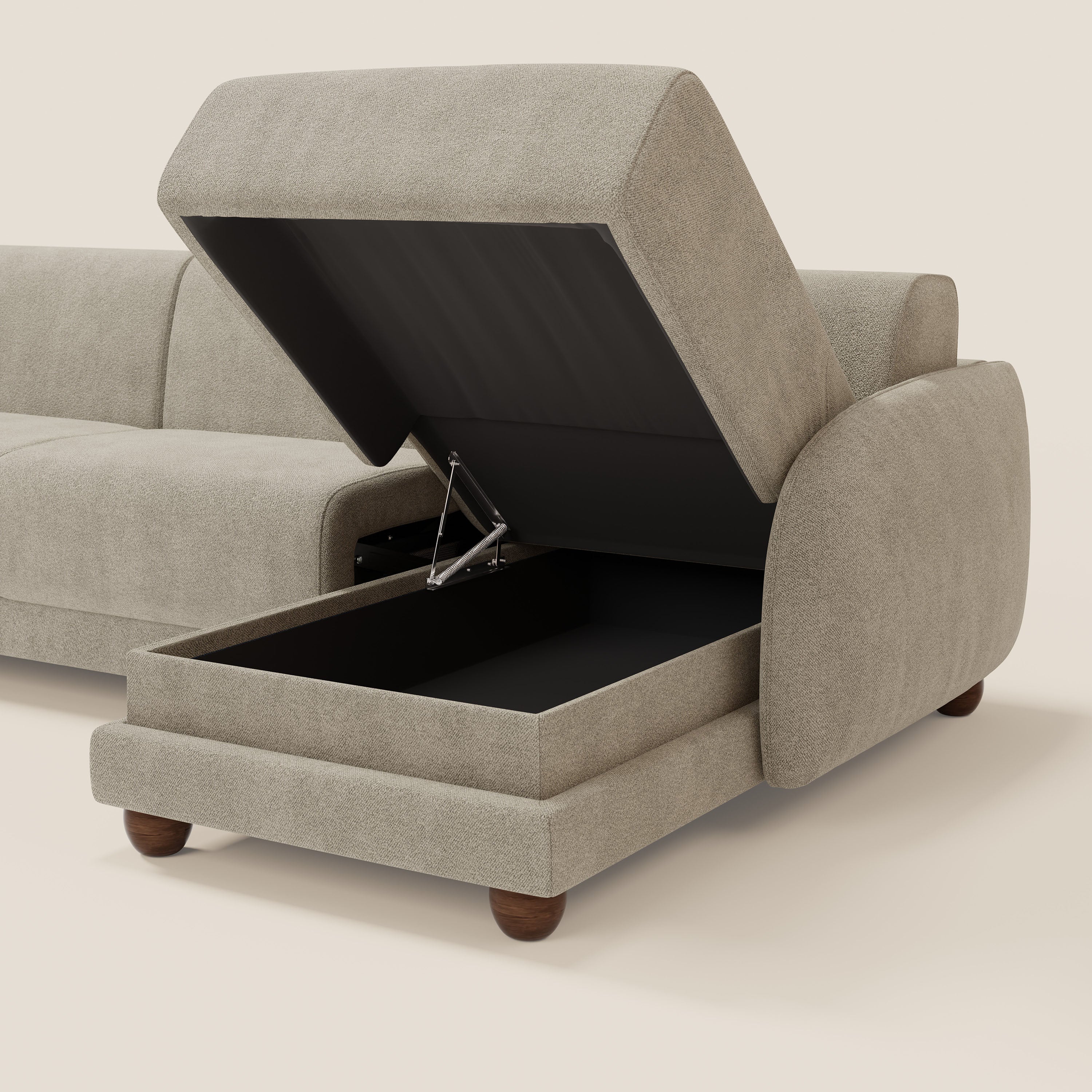 Giglio divano letto angolare con materasso alto 18 cm e penisola contenitore in morbido bouclé impermeabile T07 - divani.store