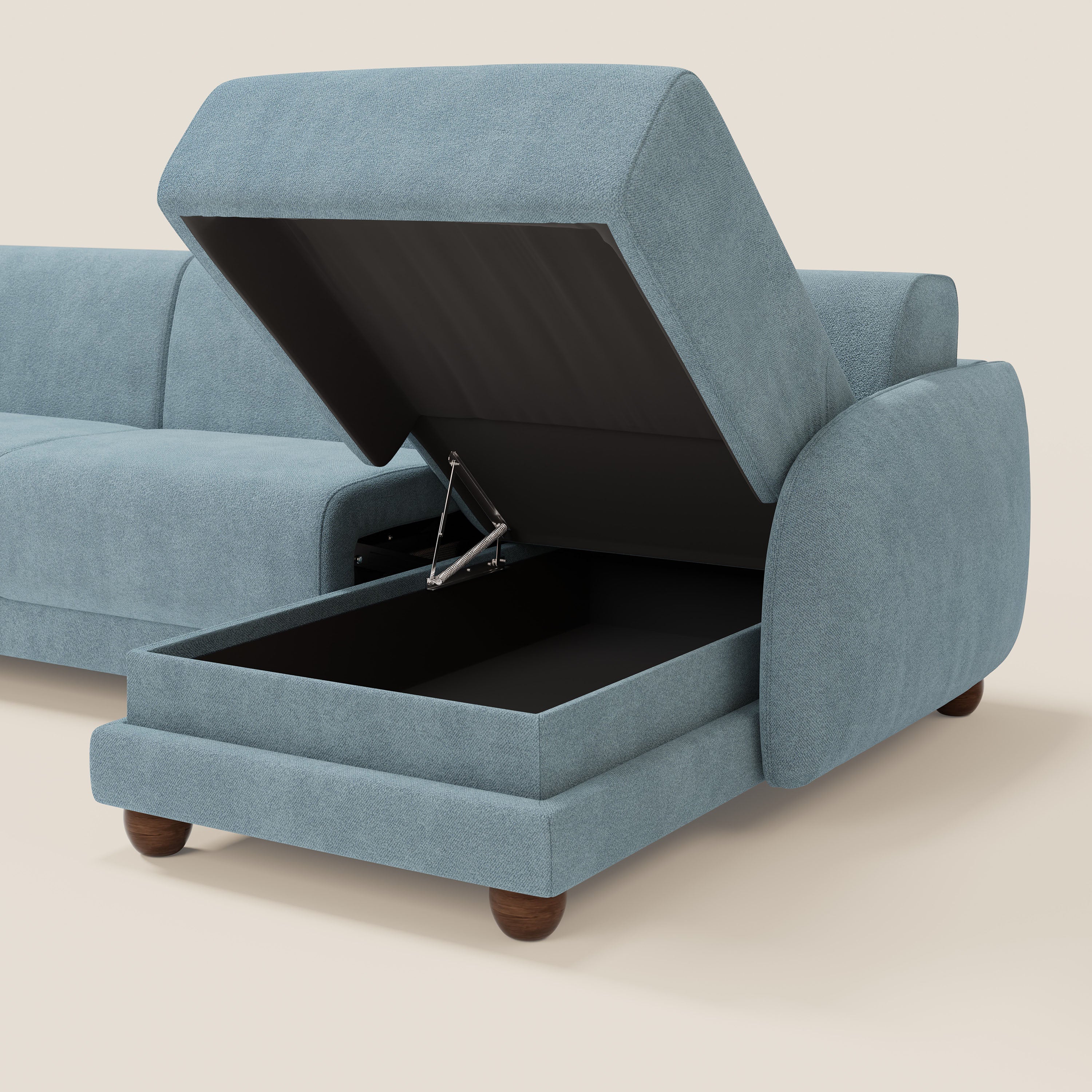 Giglio divano letto angolare con materasso alto 18 cm e penisola contenitore in morbido bouclé impermeabile T07 - divani.store