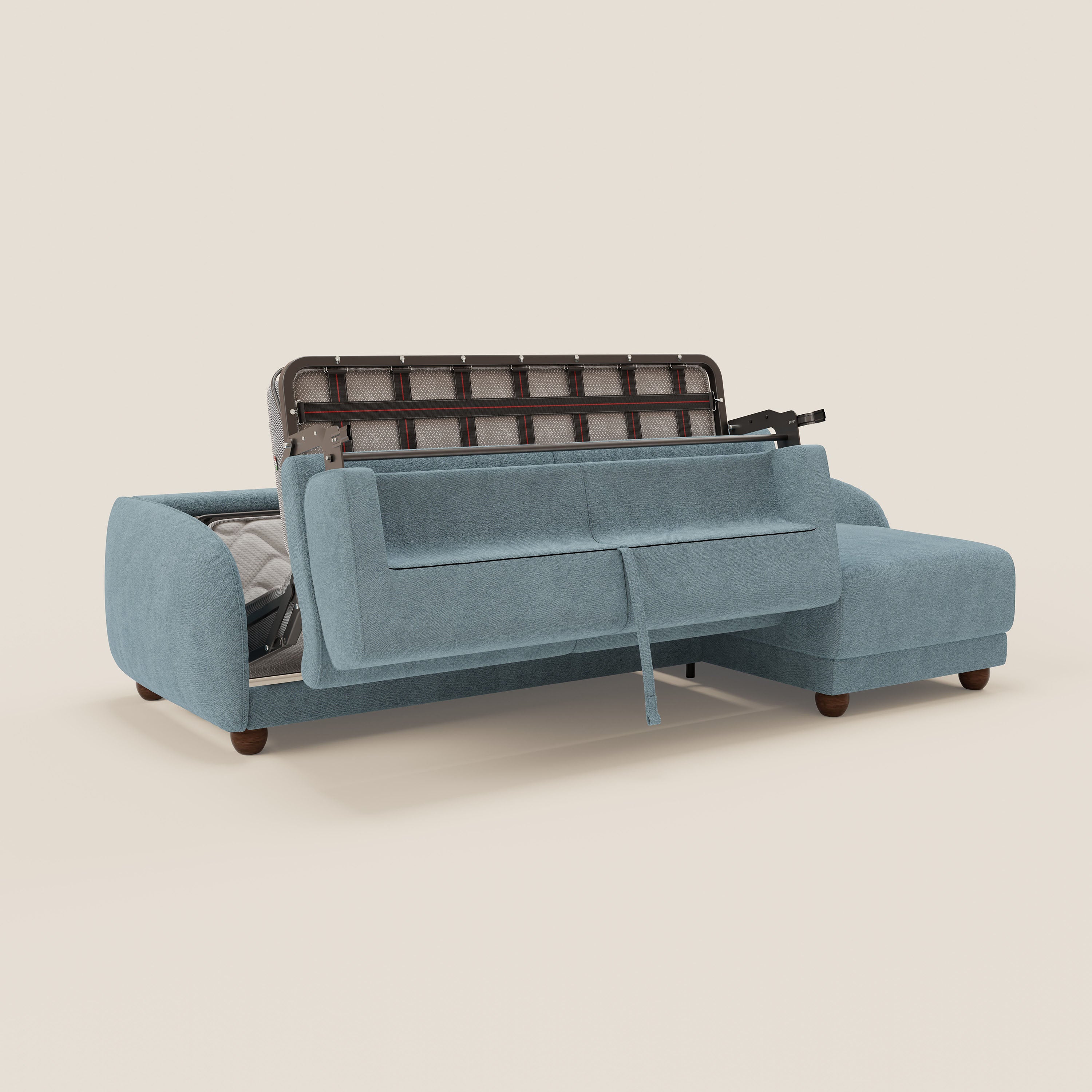 Giglio divano letto angolare con materasso alto 18 cm e penisola contenitore in morbido bouclé impermeabile T07 - divani.store