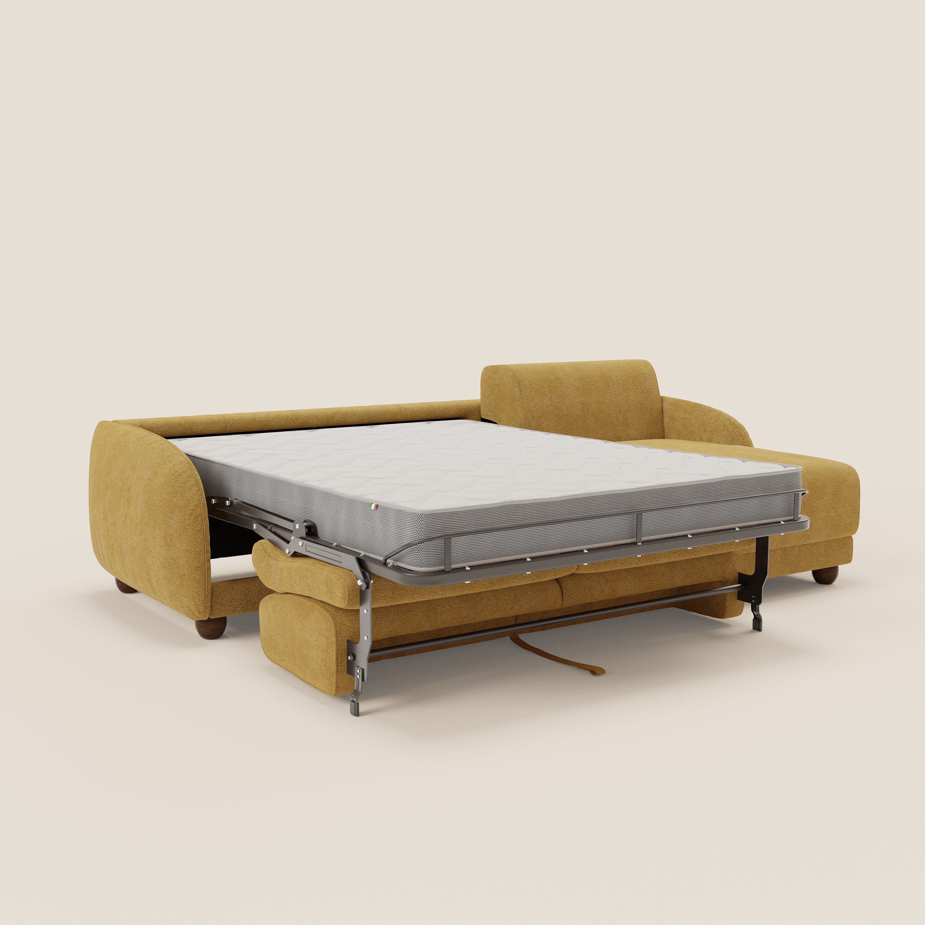 Giglio divano letto angolare con materasso alto 18 cm e penisola contenitore in morbido bouclé impermeabile T07 - divani.store