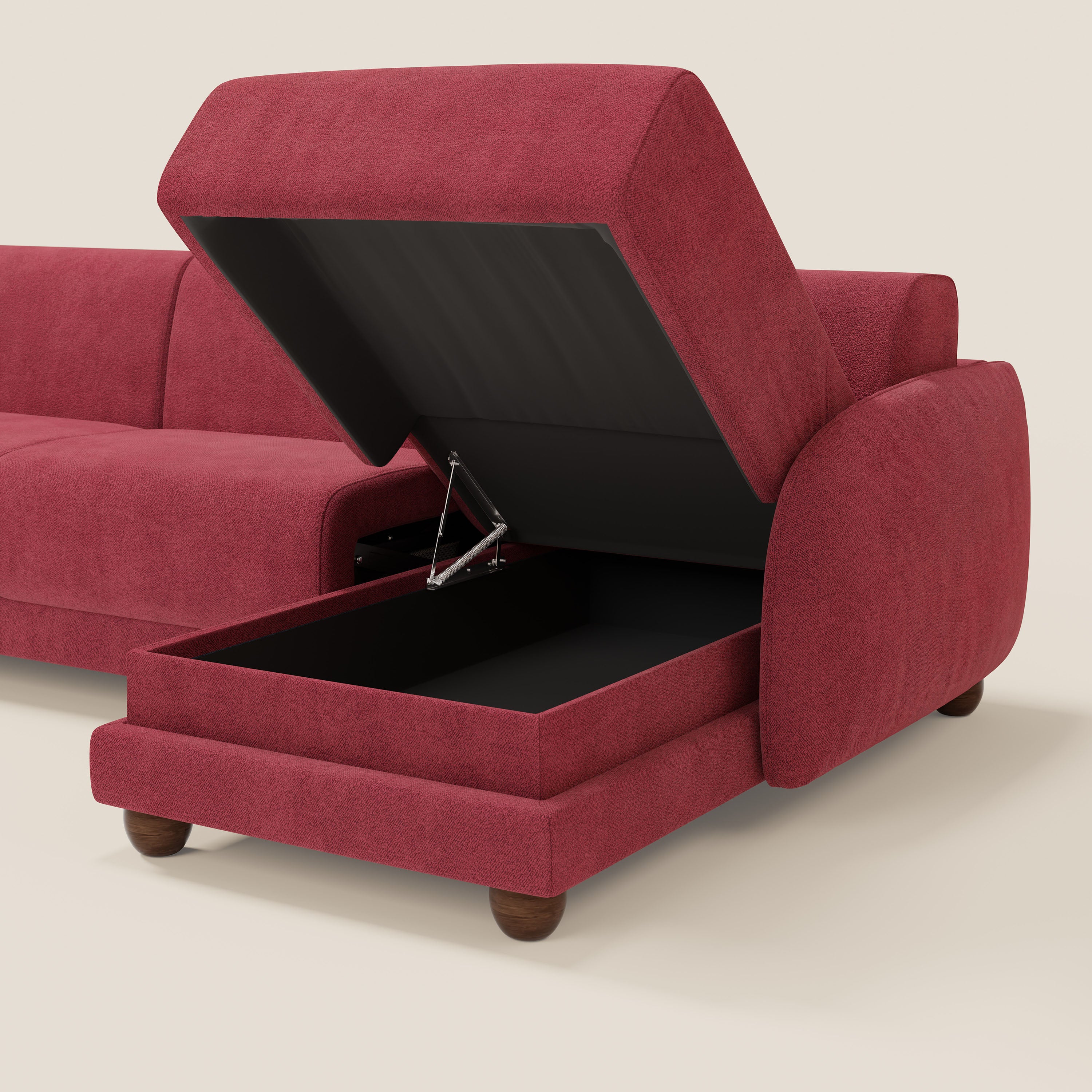 Giglio divano letto angolare con materasso alto 18 cm e penisola contenitore in morbido bouclé impermeabile T07 - divani.store