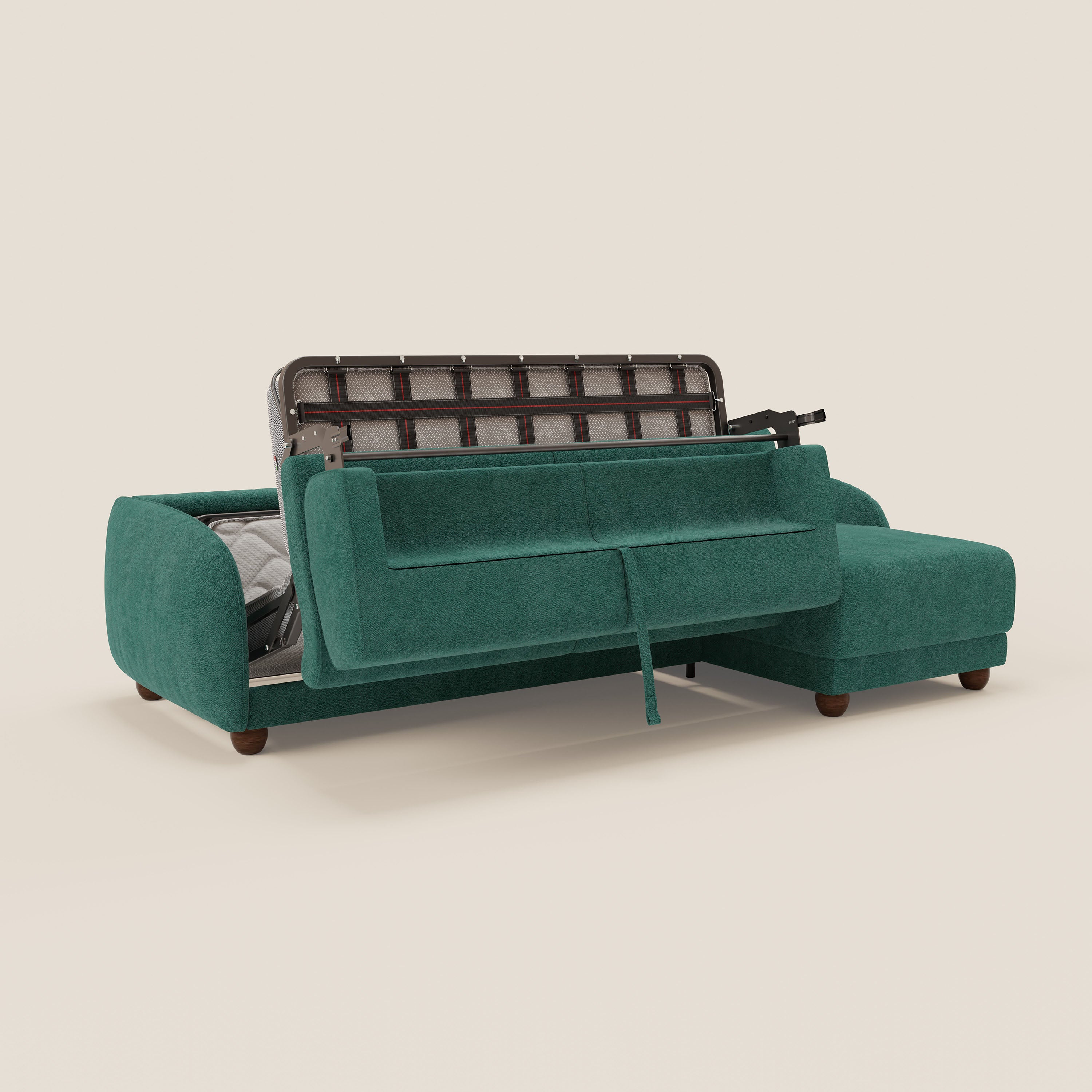 Giglio divano letto angolare con materasso alto 18 cm e penisola contenitore in morbido bouclé impermeabile T07 - divani.store