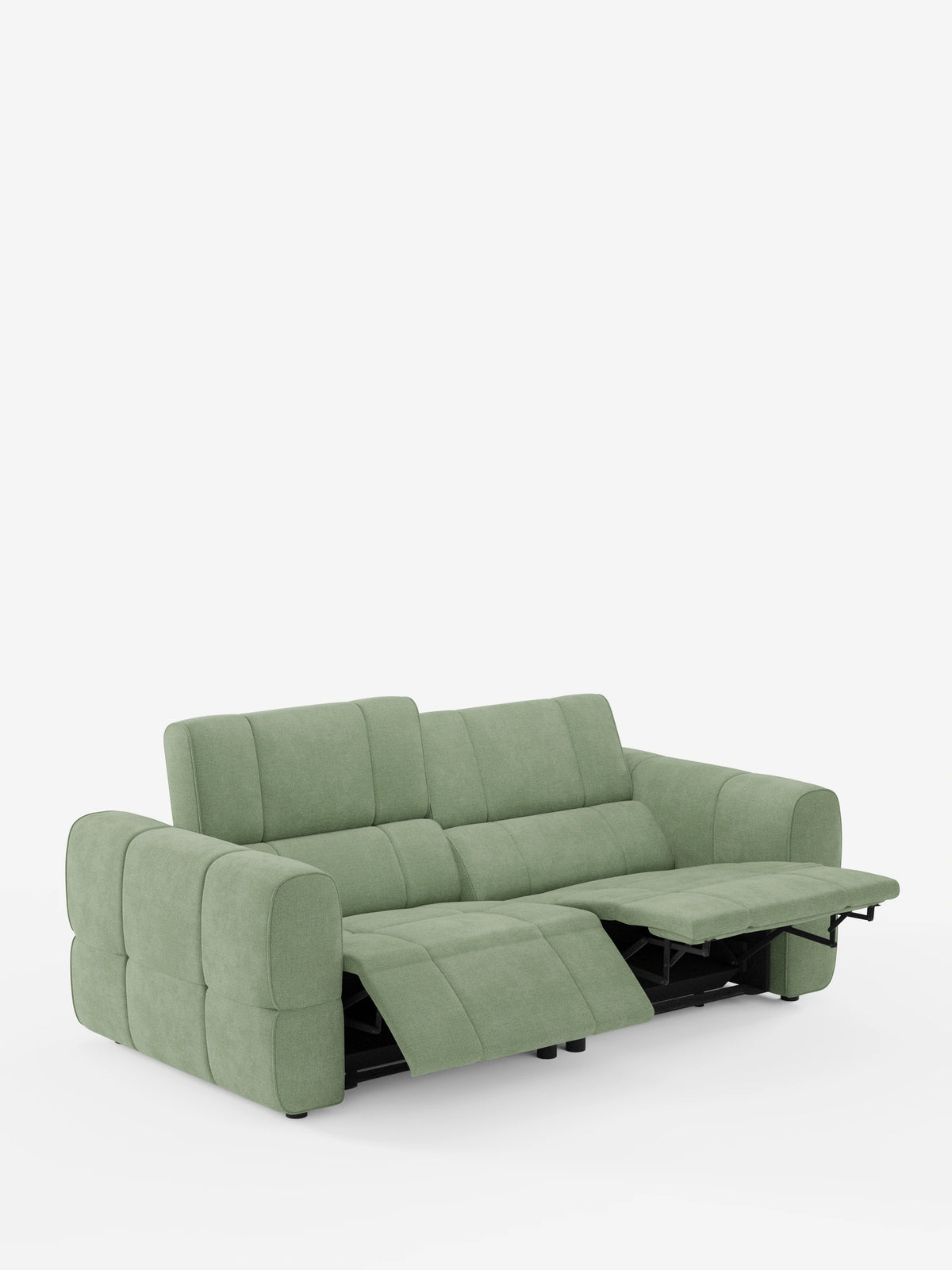 Un divano modulare Giotto a 3 posti color verde salvia, con design trapuntato e a pannelli, dotato di un sedile reclinabile, un sedile verticale con poggiatesta regolabili e un look contemporaneo su uno sfondo bianco a tinta unita.