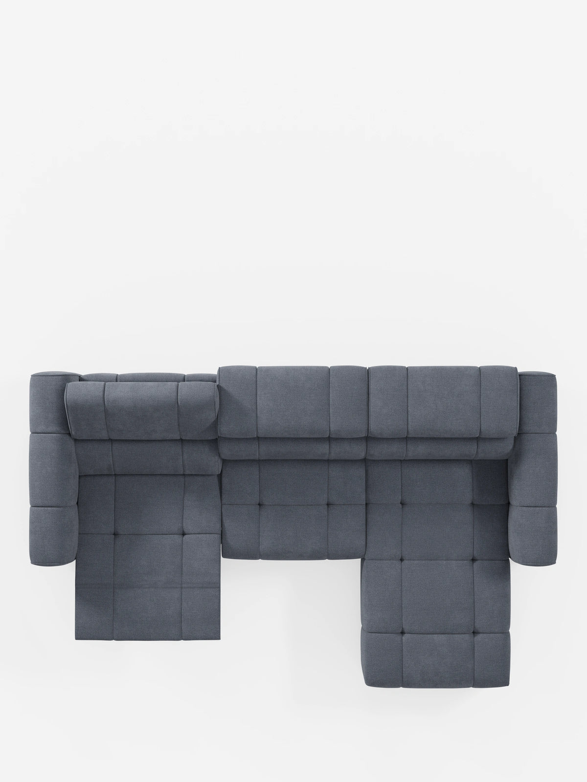 Vista dall'alto di un divano angolare modulare Giotto grigio scuro a 5 posti, lungo 296 cm, con penisola e funzione relax elettrica opzionale, rivestito in tessuto smacchiabile T23, caratterizzato da una chaise longue a forma di L, seduta trapuntata e poggiatesta su sfondo bianco.
