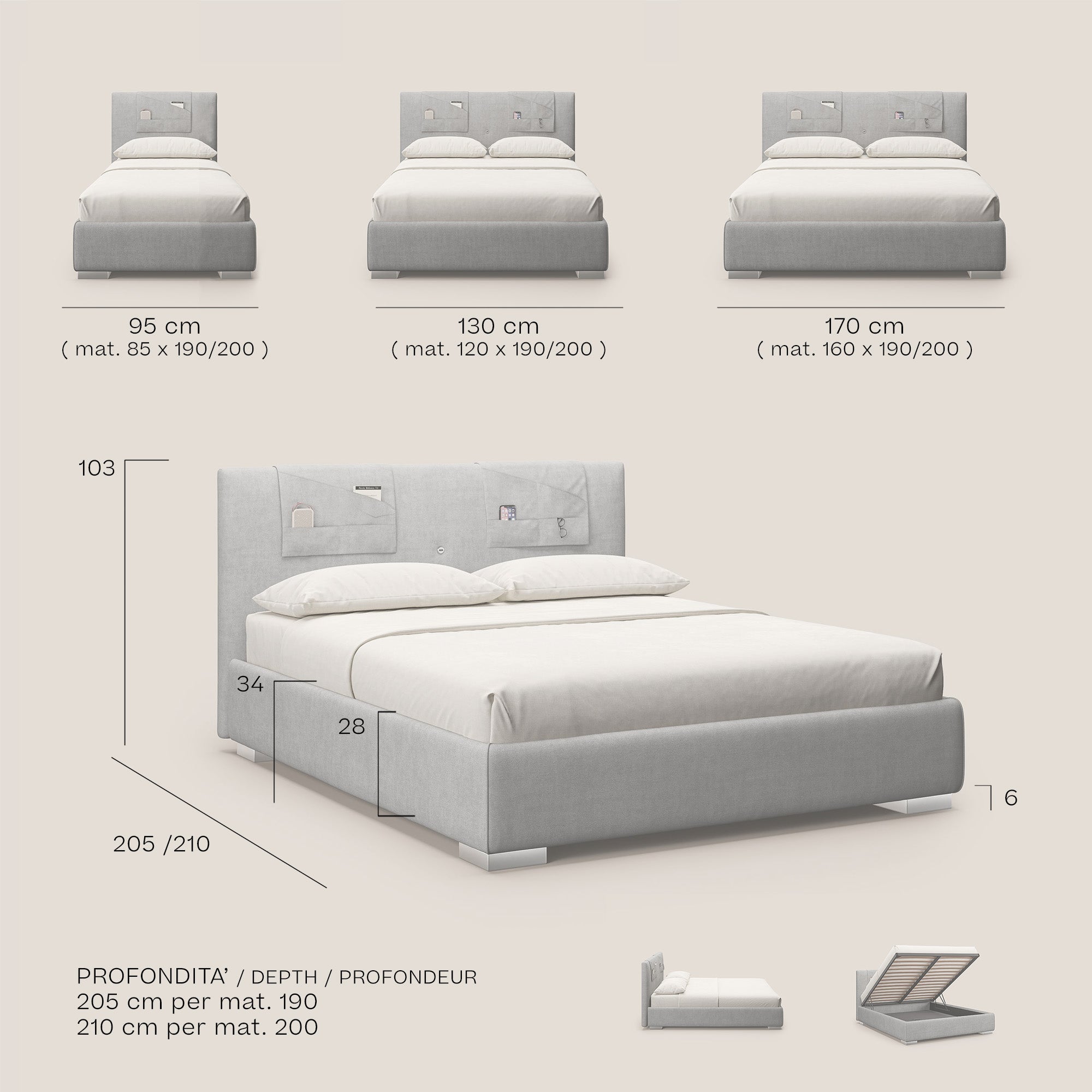 Horus letto imbottito contenitore e presa USB sulla testata in tessuto impermeabile T02 grigio - divani.store