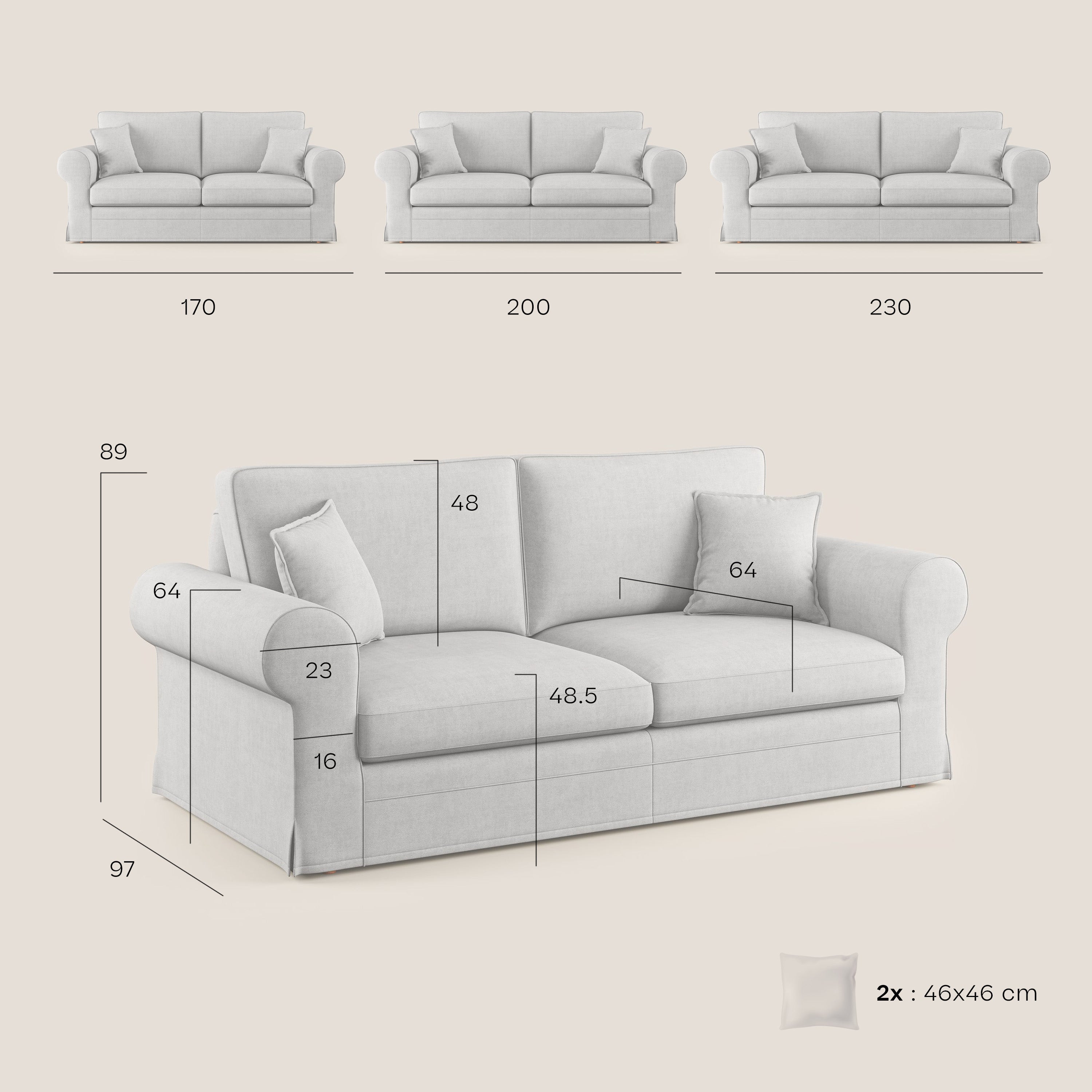 Lady divano classico in piuma d'oca realizzato con tessuto impermeabile T02 grigio chiaro - divani.store