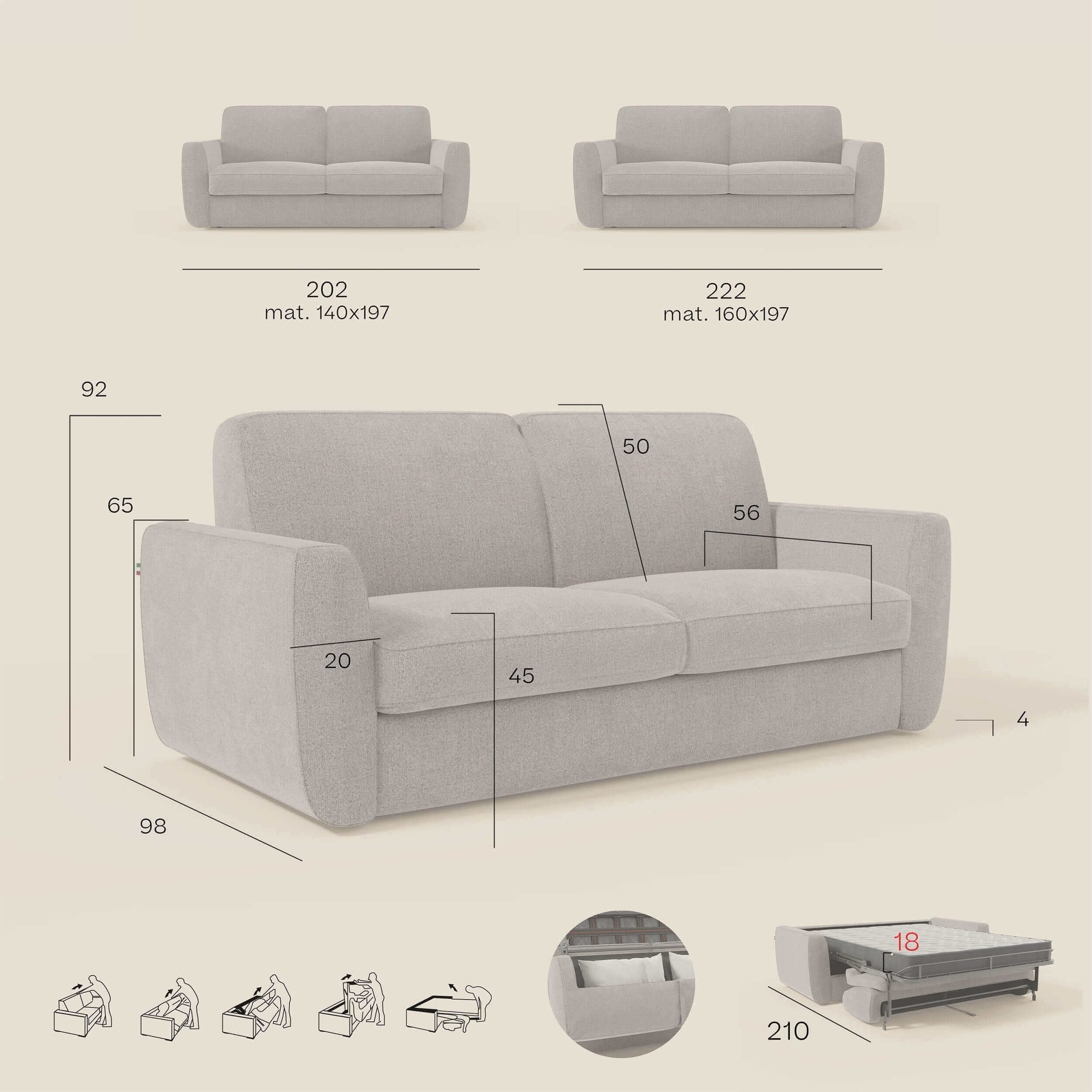 Leonida Abziehbares Schlafsofa mit Matratze H18 cm und Kissenfach aus abwaschbarem Stoff T23 kirschrot