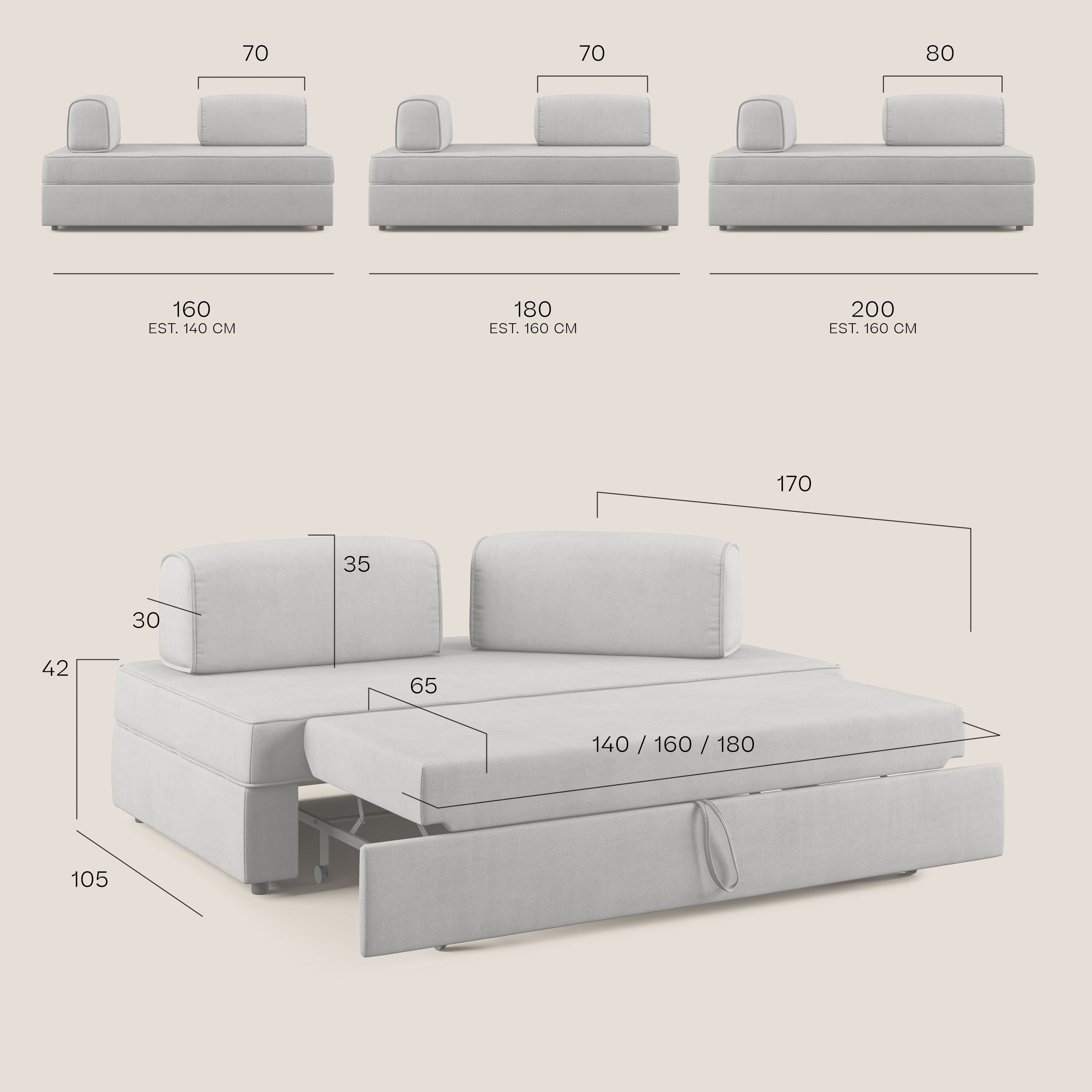 Liberty divano con pouf estraibile e schienali movibili in tessuto morbido impermeabile T02 grigio chiaro - divani.store