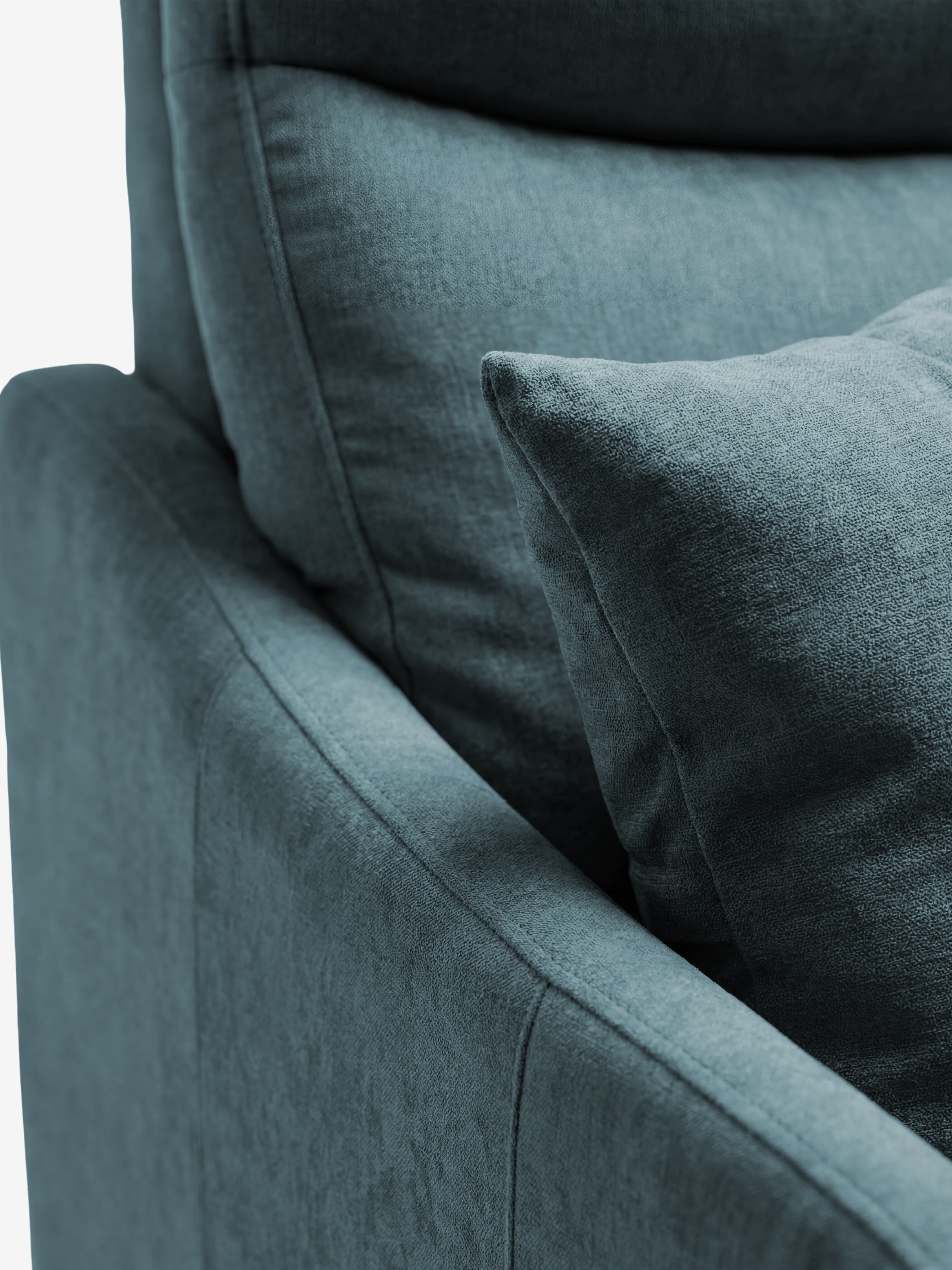 Primo piano del divano letto Lodovico a 3 posti con materasso ALTO 20 cm in tessuto smacchiabile certificato Oeko-Tex di Divani.Store, che mette in risalto il rivestimento color verde acqua. L’immagine si concentra sul bracciolo, sul cuscino della seduta e su una parte del cuscino decorativo. Il tessuto morbido e dalla trama delicata, insieme alle cuciture a vista, risaltano grazie all’illuminazione che mette in risalto la superficie liscia e pulita del divano, ideale per creare un soggiorno elegante.