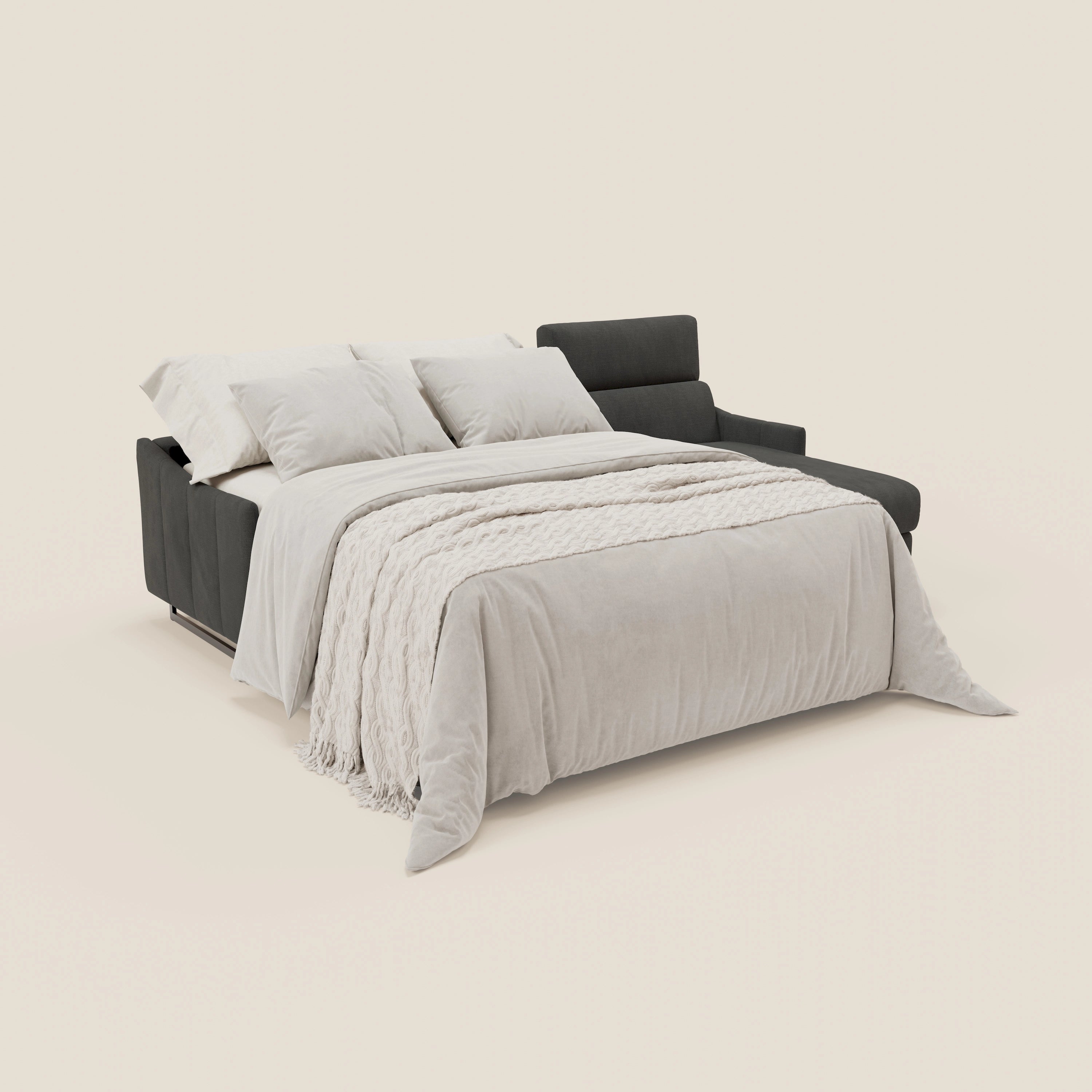 Loto Divano Letto Angolare con Penisola contenitore, Poggiatesta, Materasso Alto H18 in morbido tessuto impermeabile T14 - divani.store