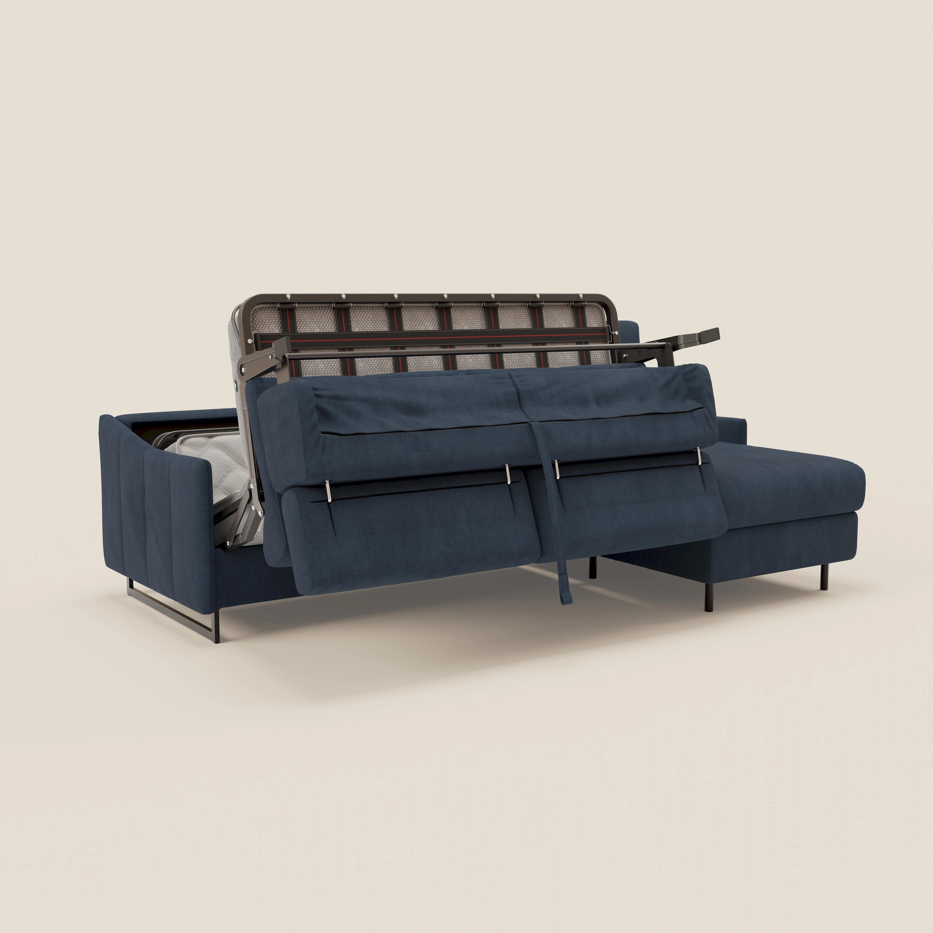 Loto Divano Letto Angolare con Penisola contenitore, Poggiatesta, Materasso Alto H18 in morbido tessuto impermeabile T14 - divani.store